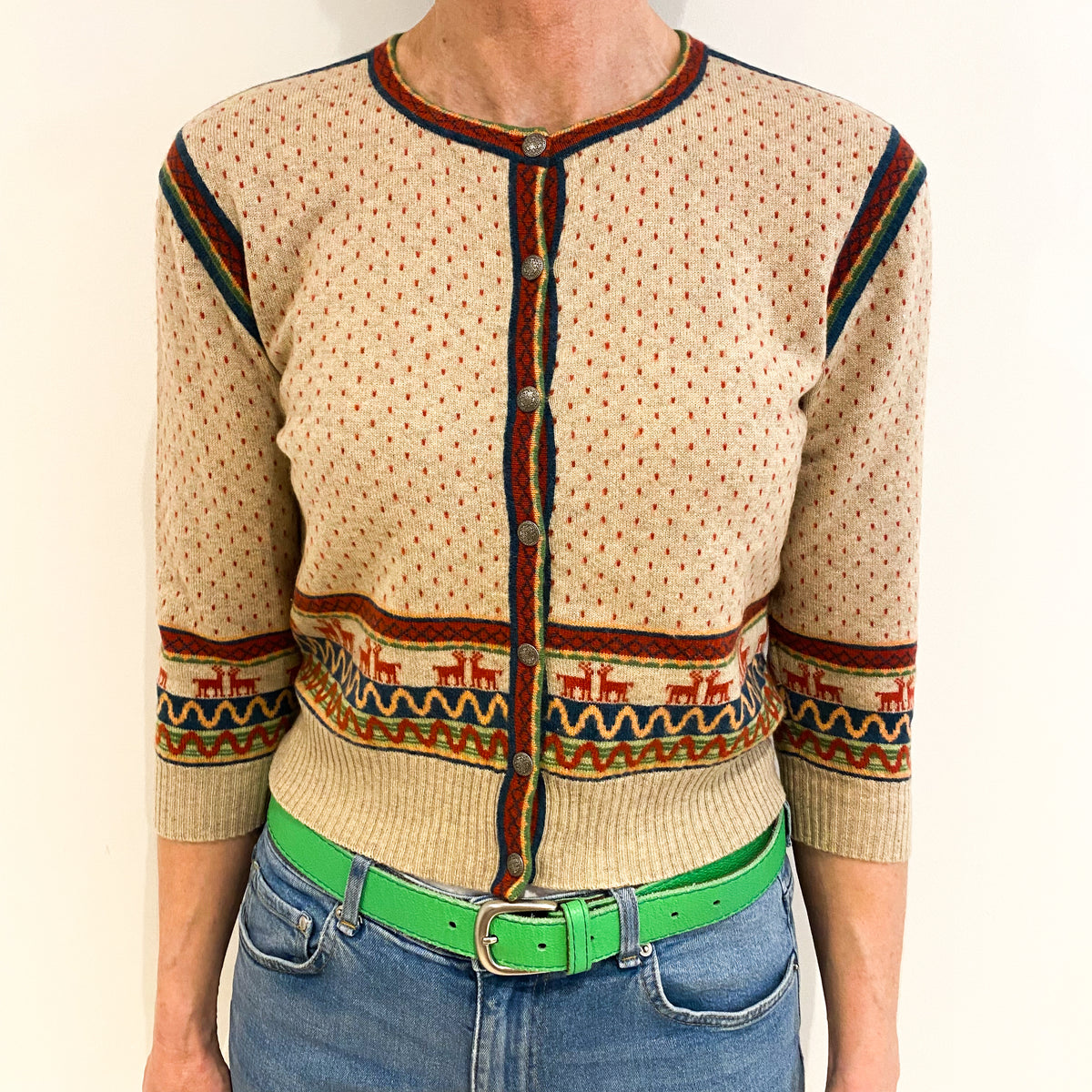 Fawn Beige Cashmere Crew Neck Cardigan Small