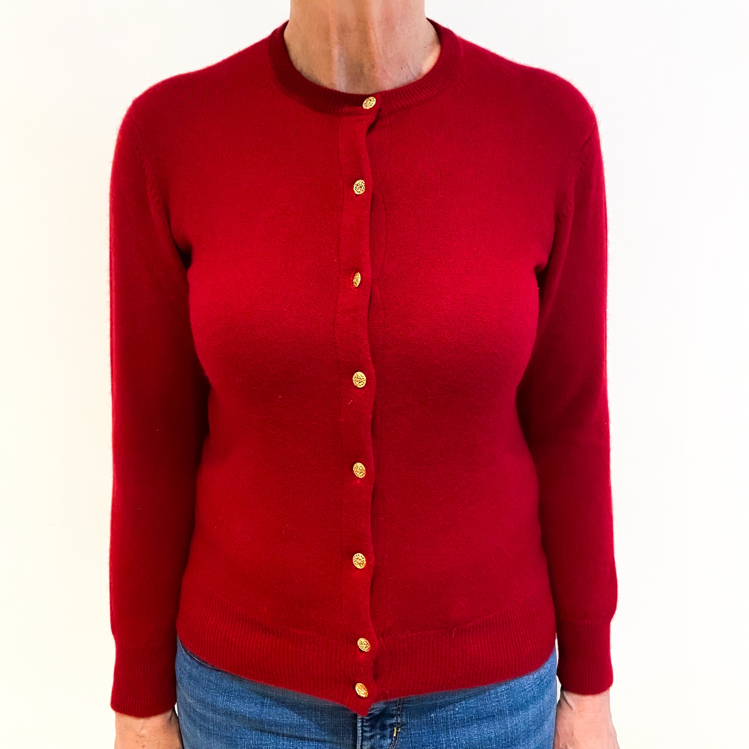 Vintage Post Box Red Crew Neck Cashmere Cardigan Medium