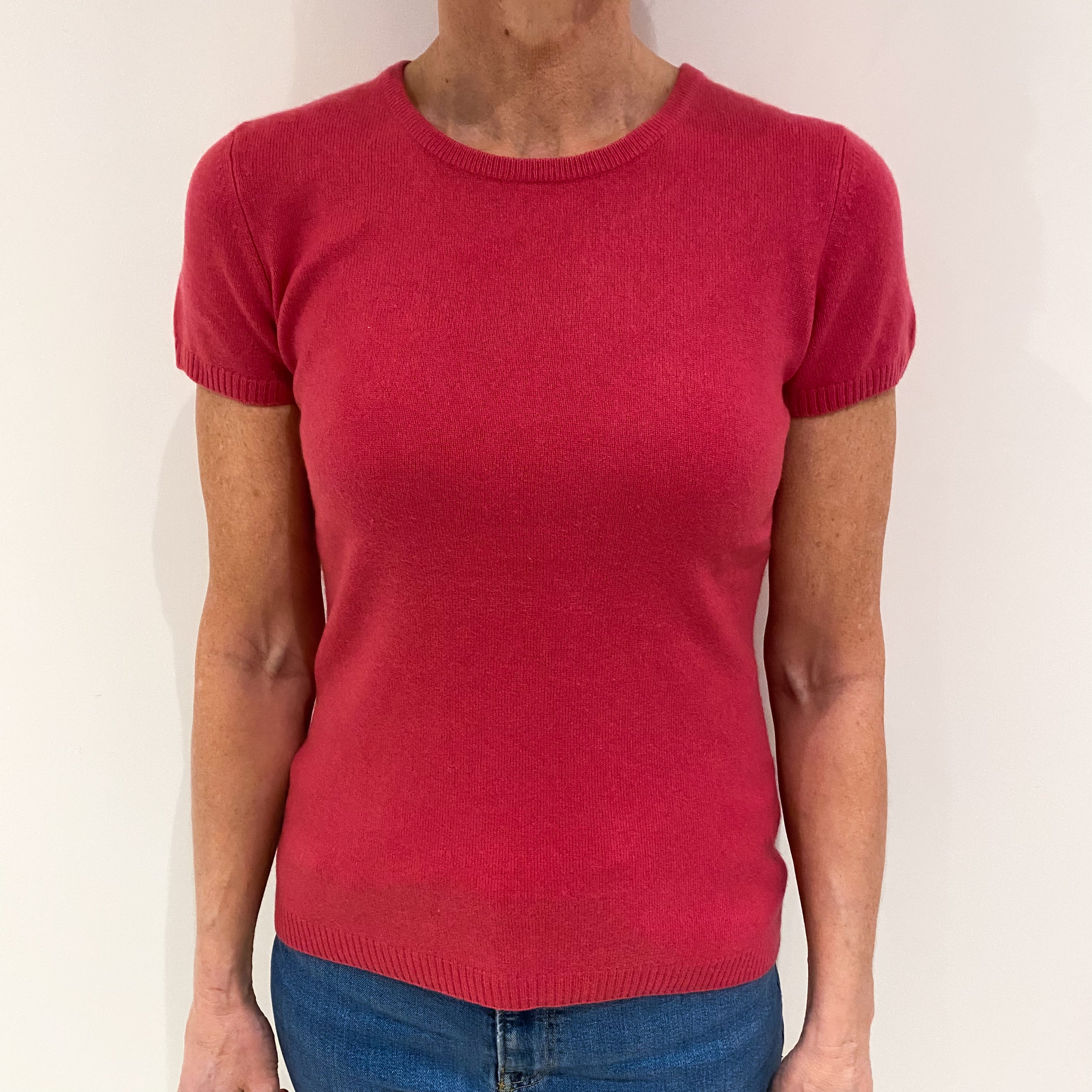 Raspberry Pink Cashmere Short Sleeved Crew Neck Jumper Small