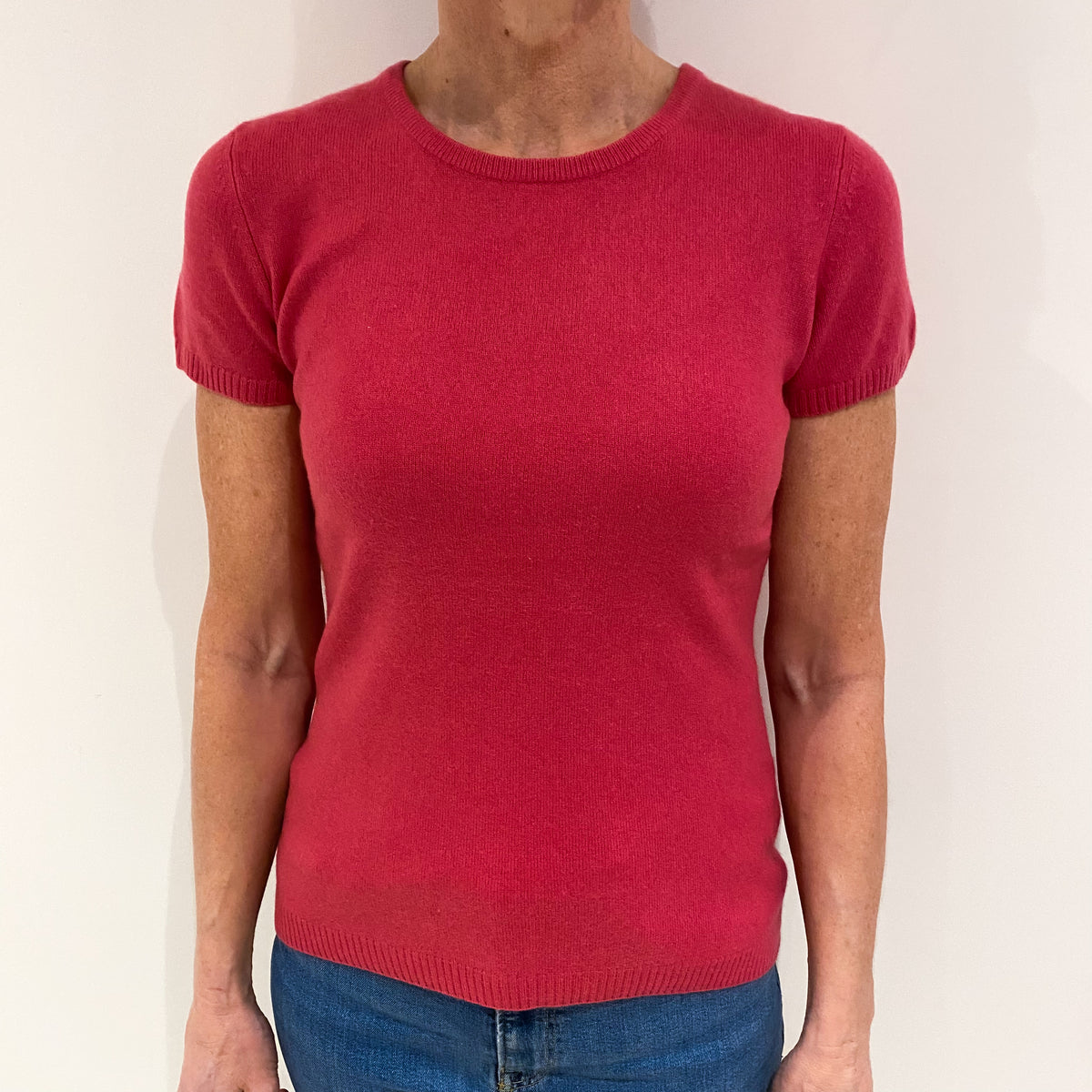 Raspberry Pink Cashmere Short Sleeved Crew Neck Jumper Small