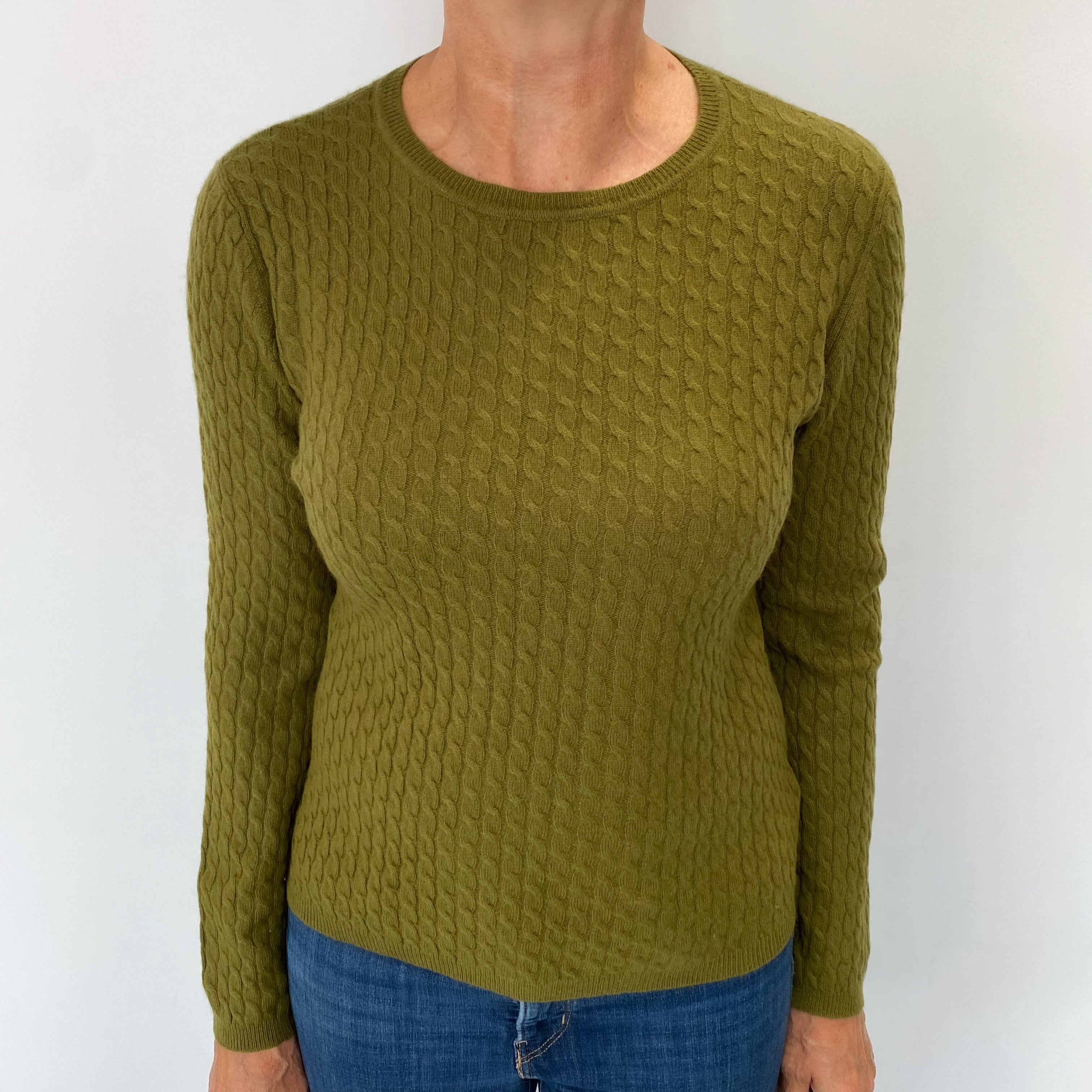 Moss Green Cable Cashmere Crew Neck Jumper Medium