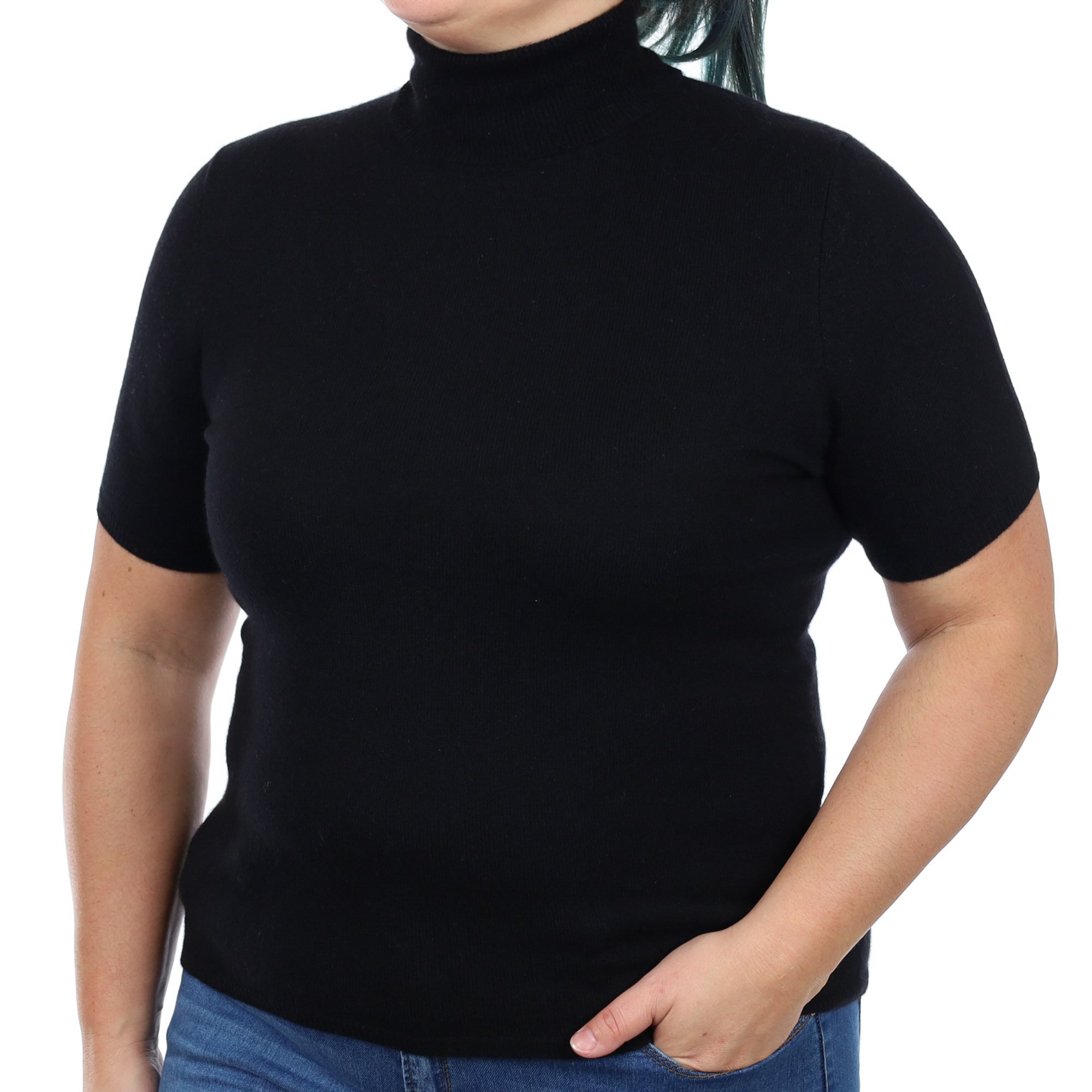 Black Cashmere Short Sleeve Polo Neck Jumper Large