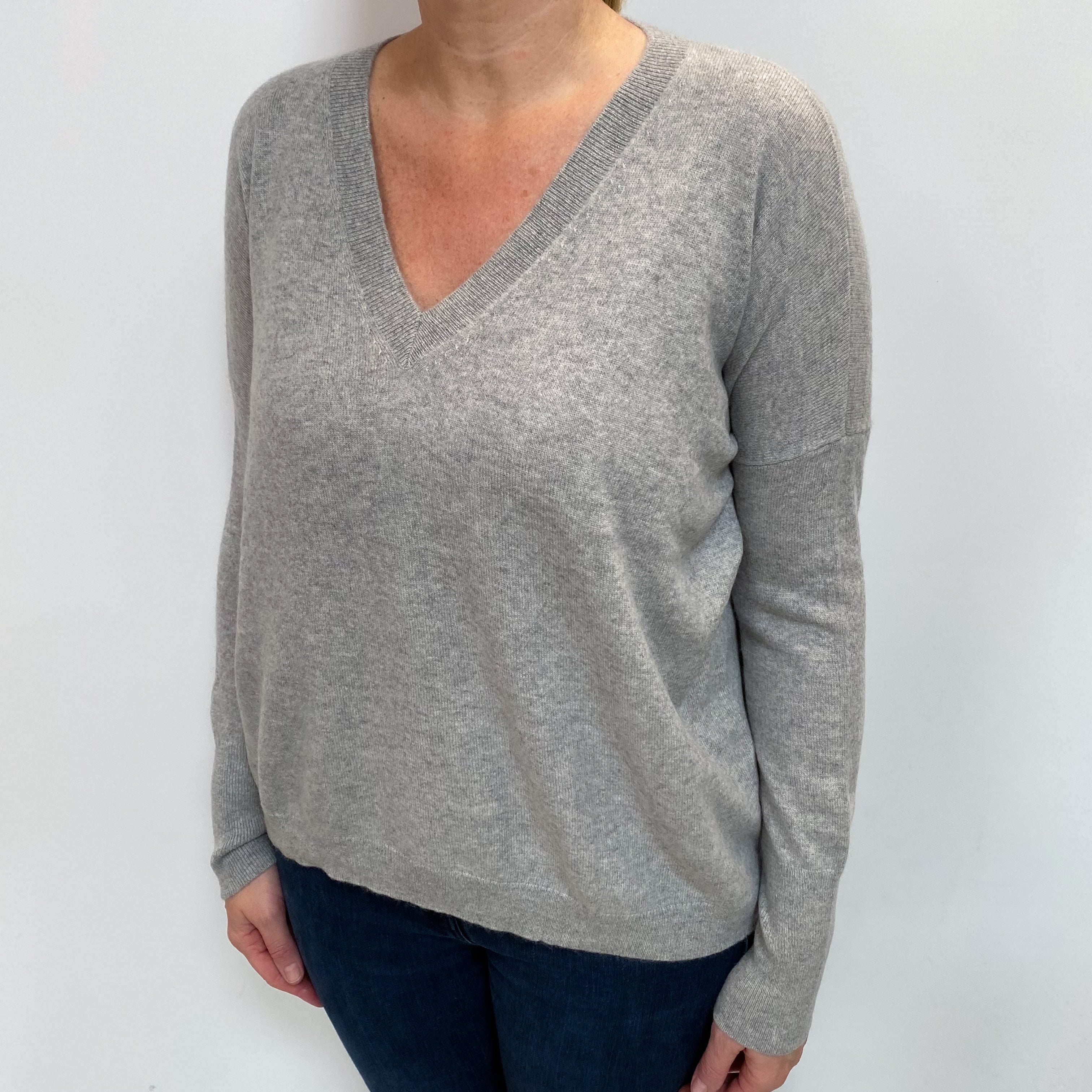 Smoke Grey Cashmere V Neck Jumper Large