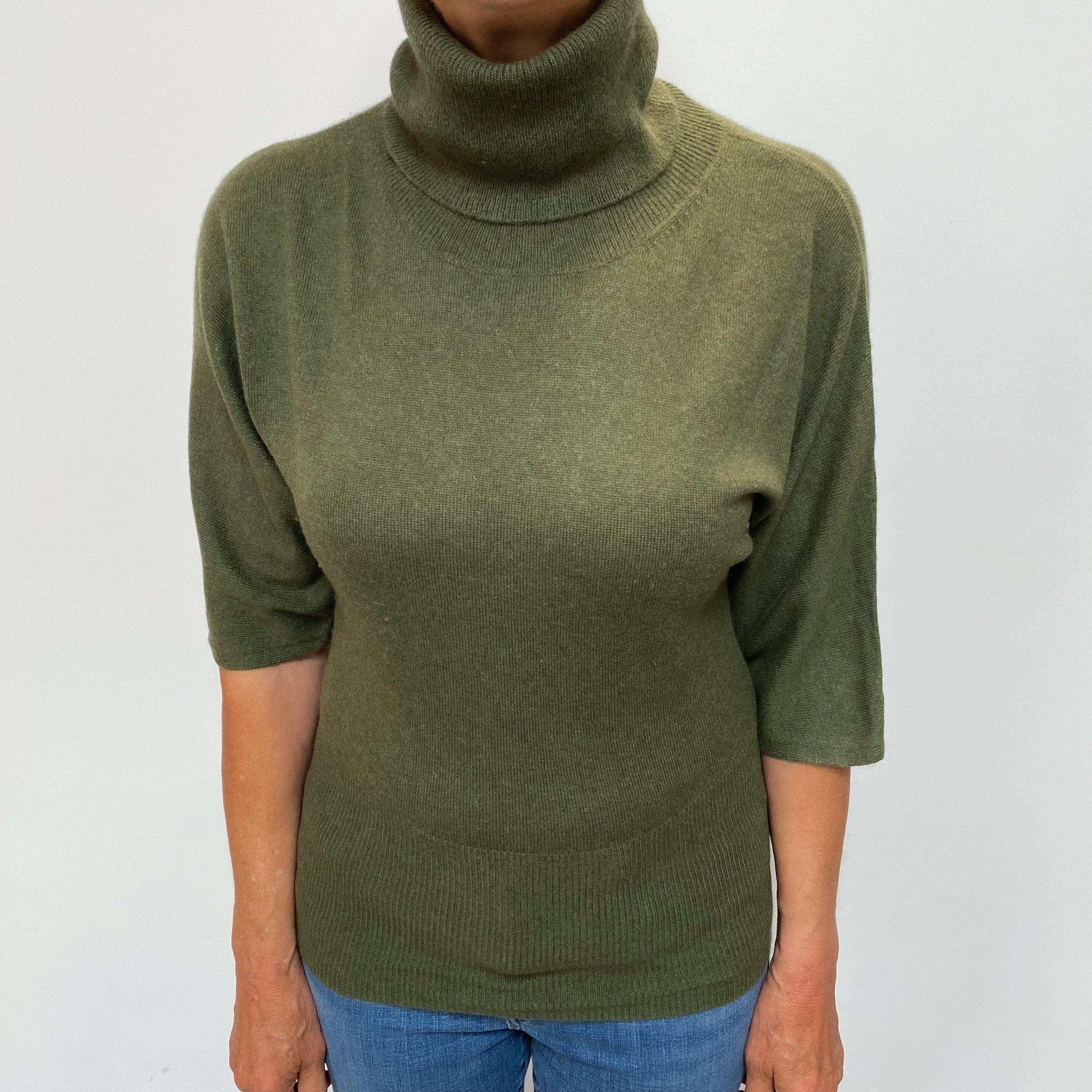 Deep Khaki Green Cashmere Polo Neck Jumper Medium