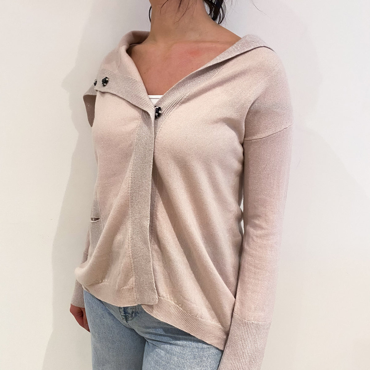 Pale Pink Cashmere Collared Cardigan With Pockets Small