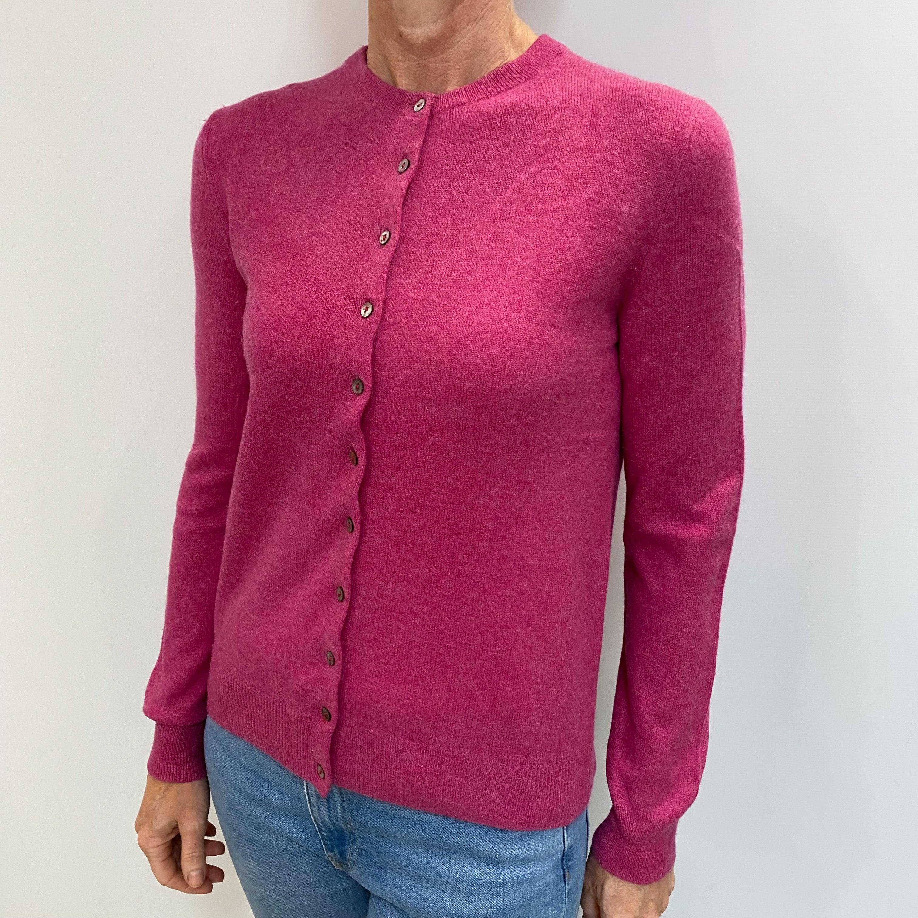 Raspberry Pink Cashmere Crew Neck Cardigan Small