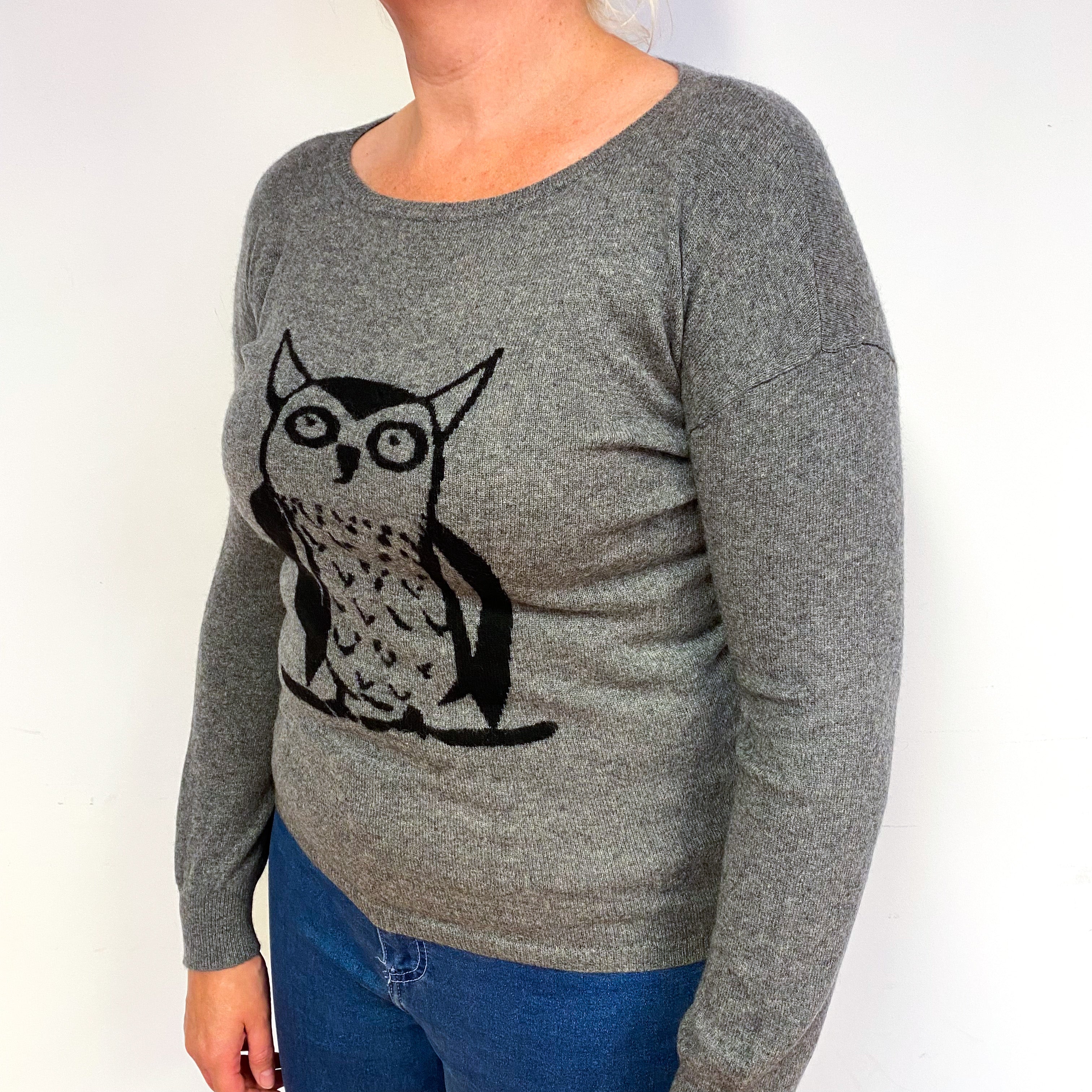 Steel Grey Owl Motif Cashmere Crew Neck Jumper Large