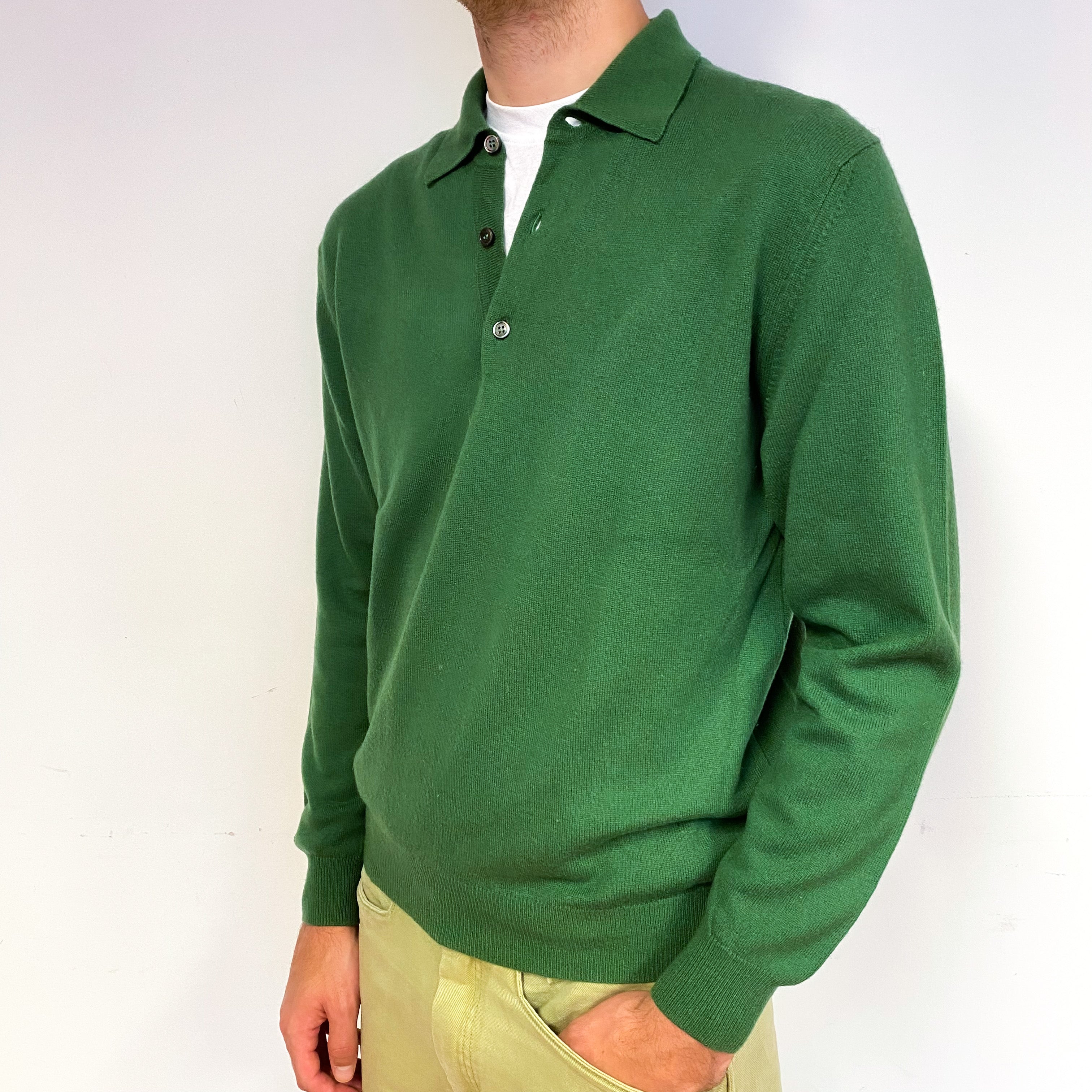 Men's Fern Green Cashmere 1/4 Button Jumper Large