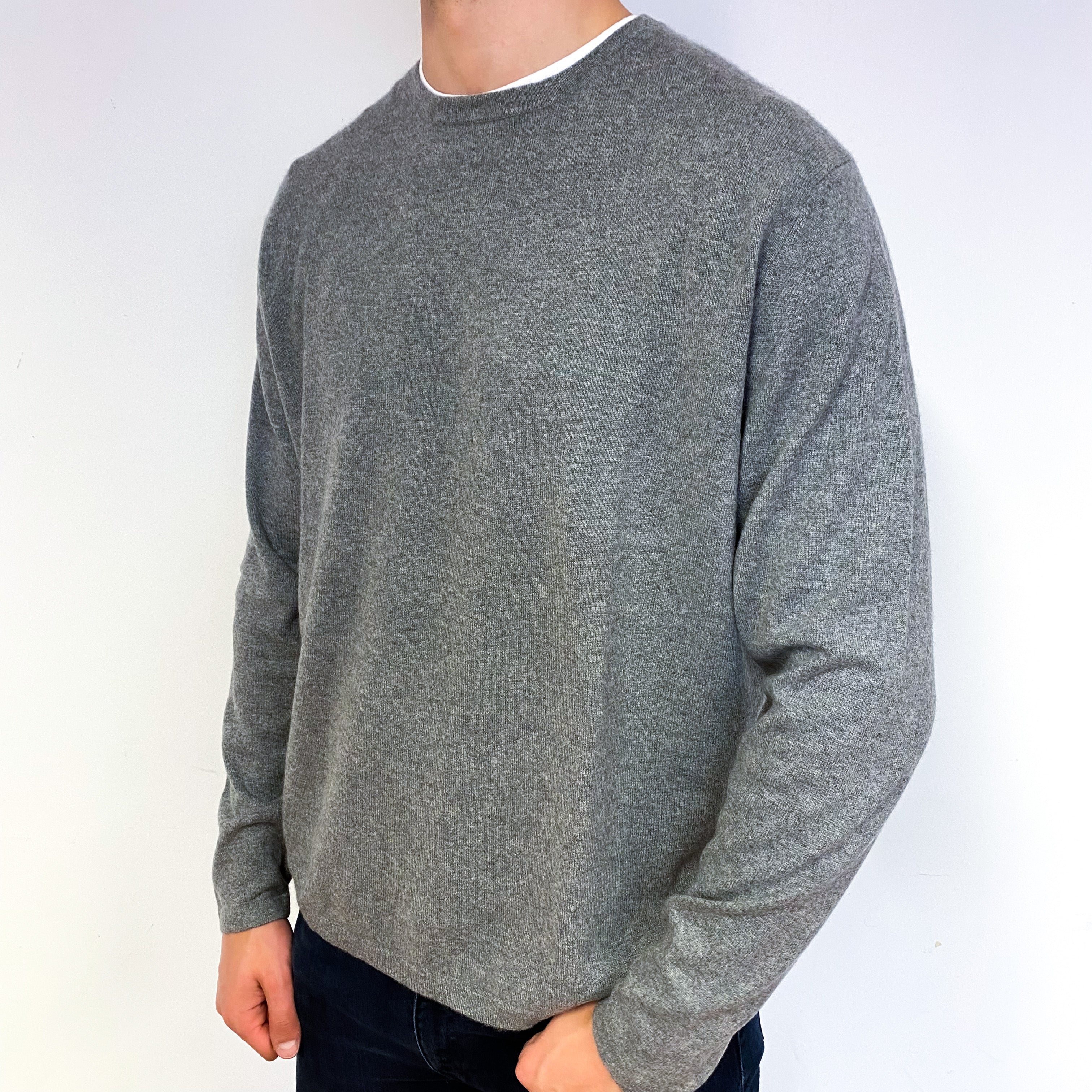 Men's Ash Grey Cashmere Crew Neck Jumper Extra Large