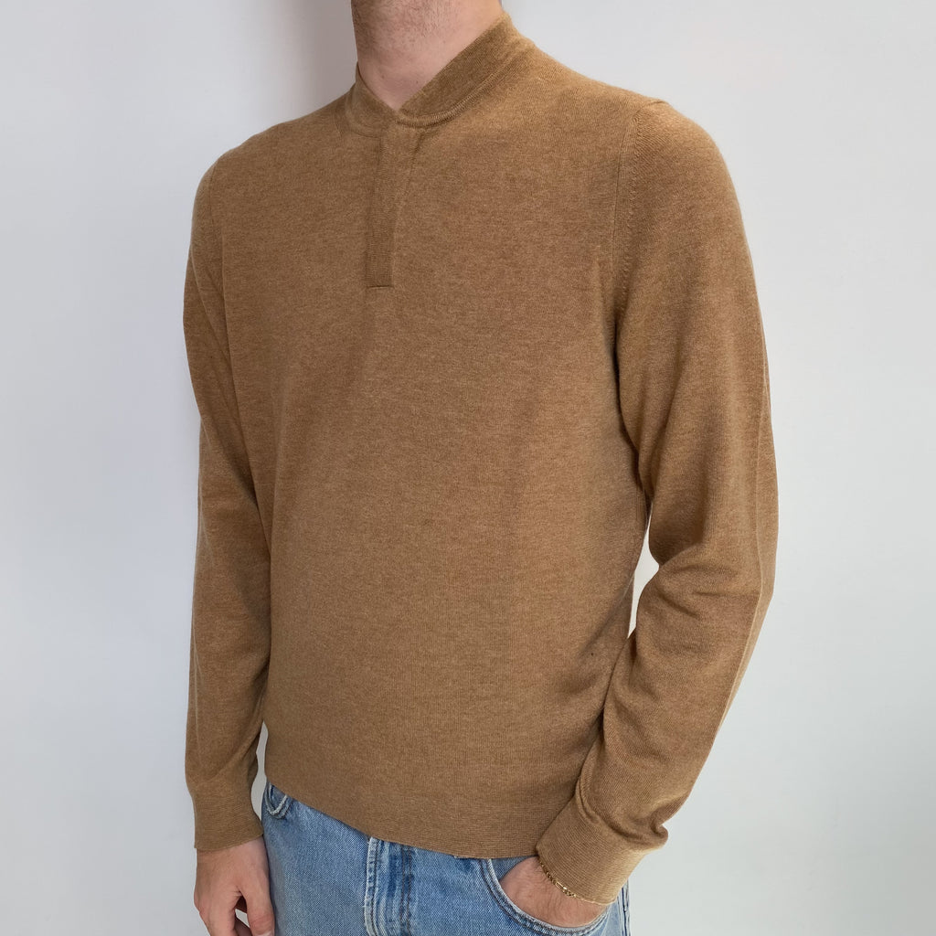 Men's Butterscotch Brown Cashmere Buttoned Crew Neck Jumper Large