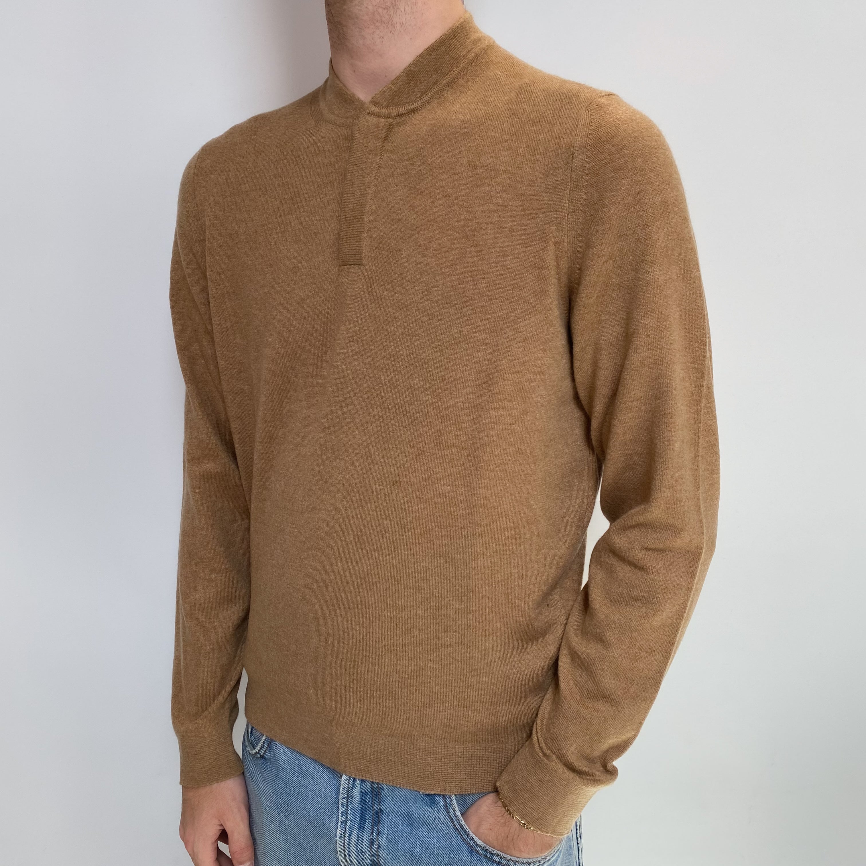 Men's Butterscotch Brown Cashmere Buttoned Crew Neck Jumper Large