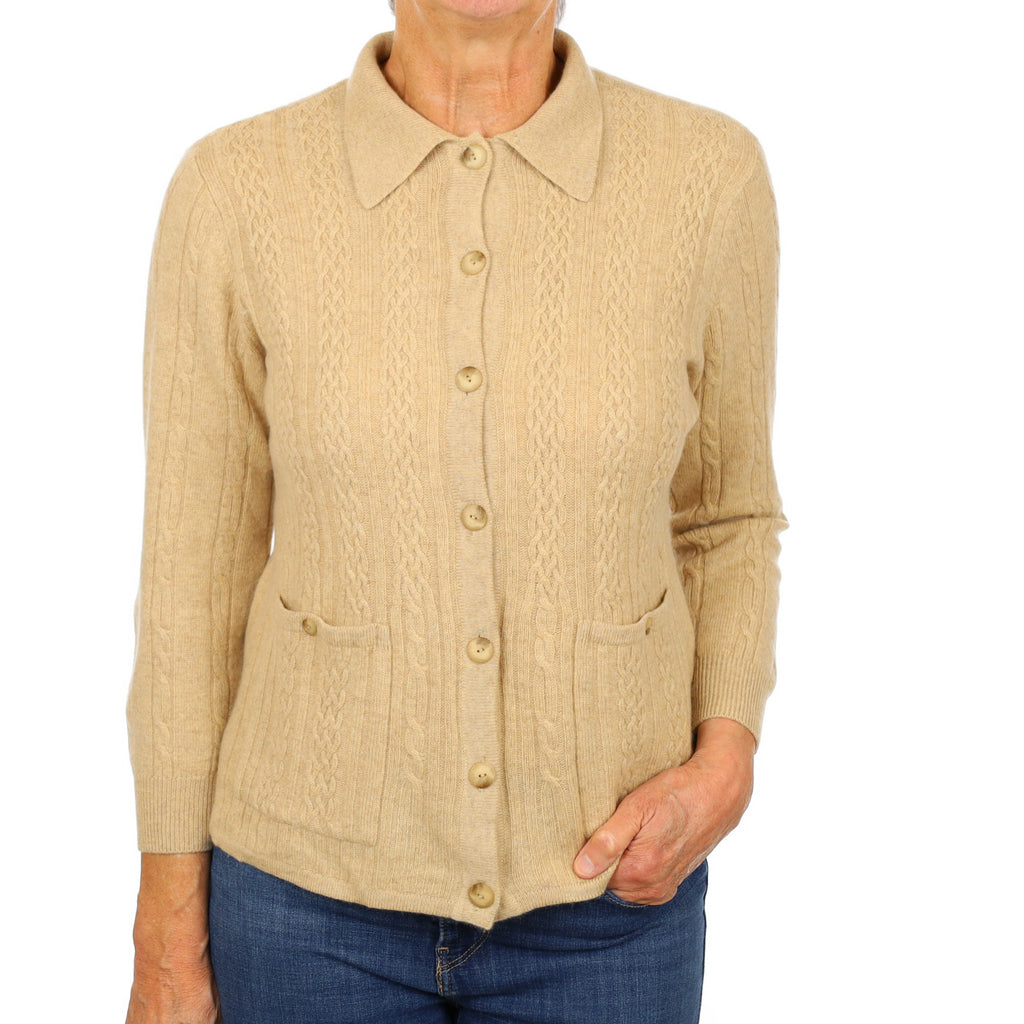 Honey Beige Cashmere Collared Crew Neck Cardigan Medium