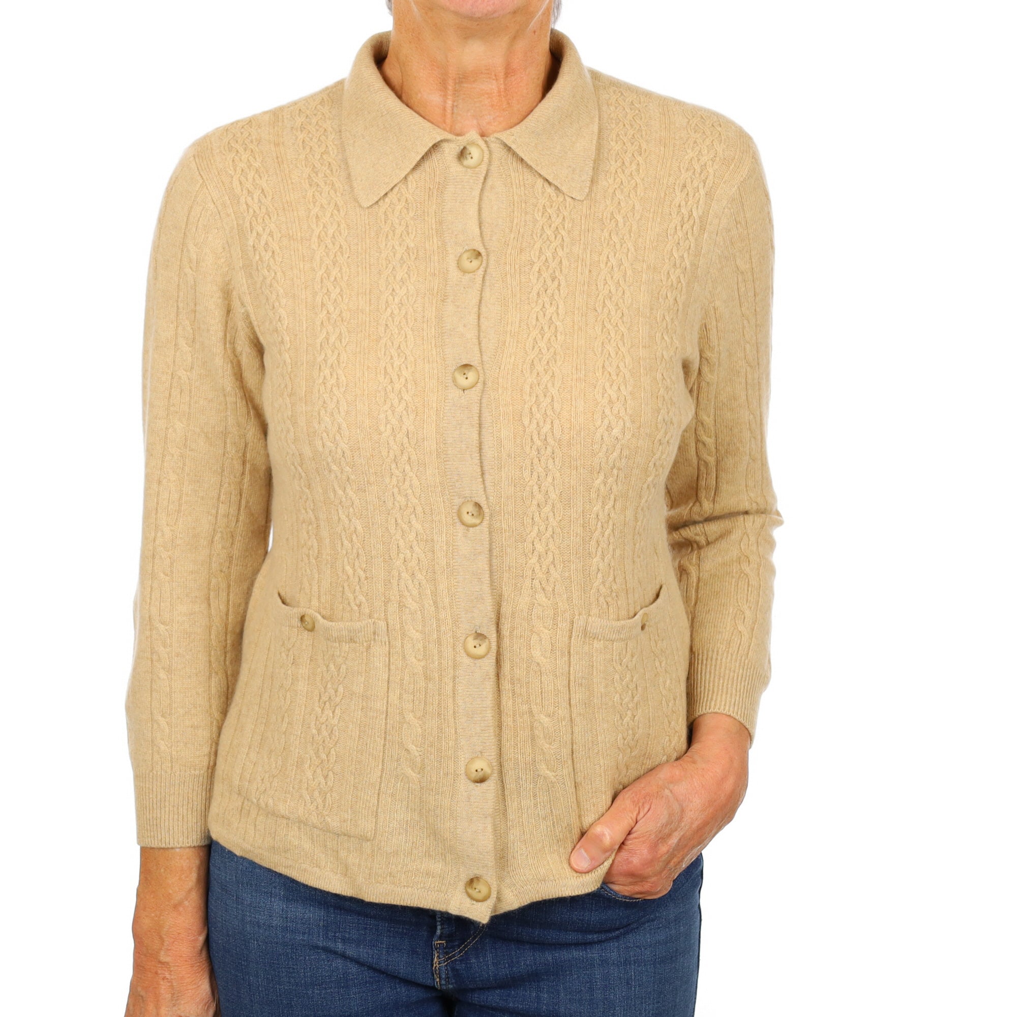Honey Beige Cashmere Collared Crew Neck Cardigan Medium