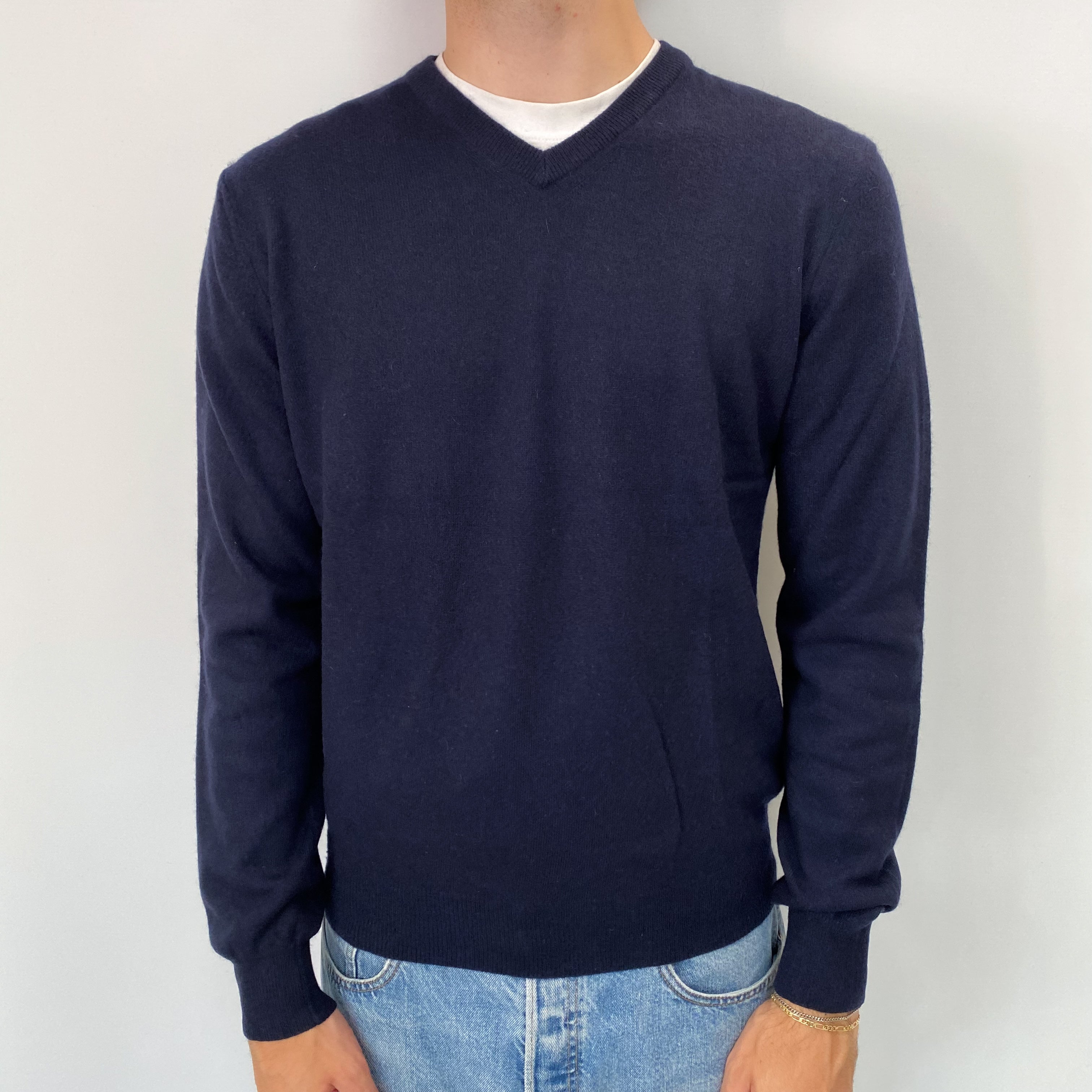 Men's Navy Cashmere V Neck Jumper Medium