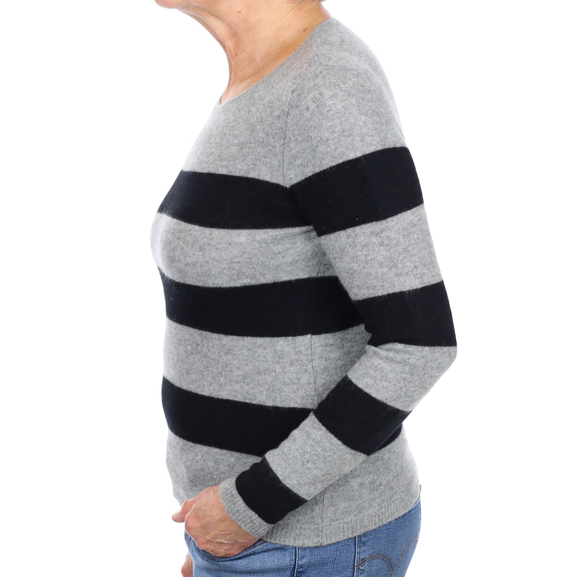 Grey and Black Stripe Cashmere Crew Neck Jumper Medium