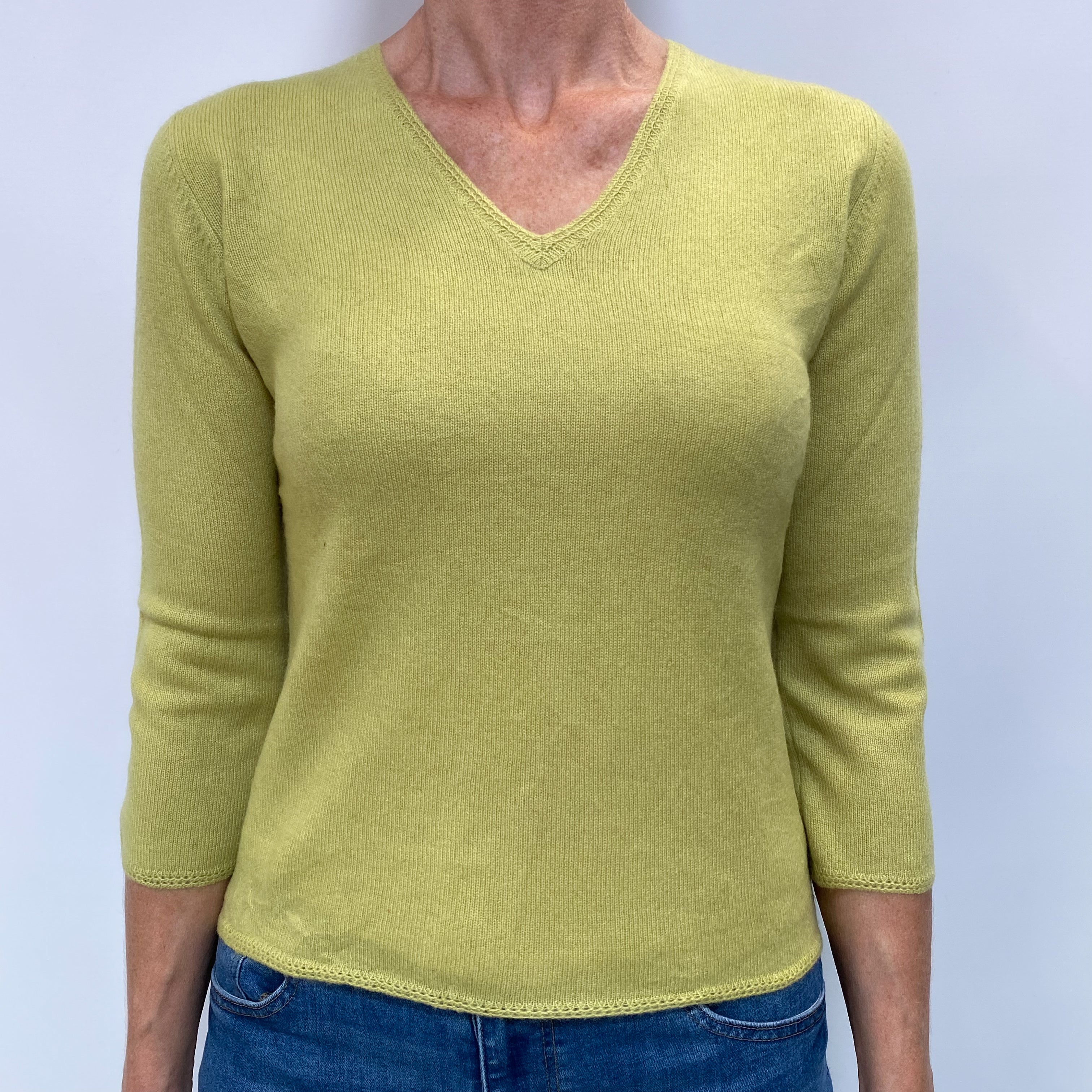 Lime Green Cashmere V Neck Jumper Small