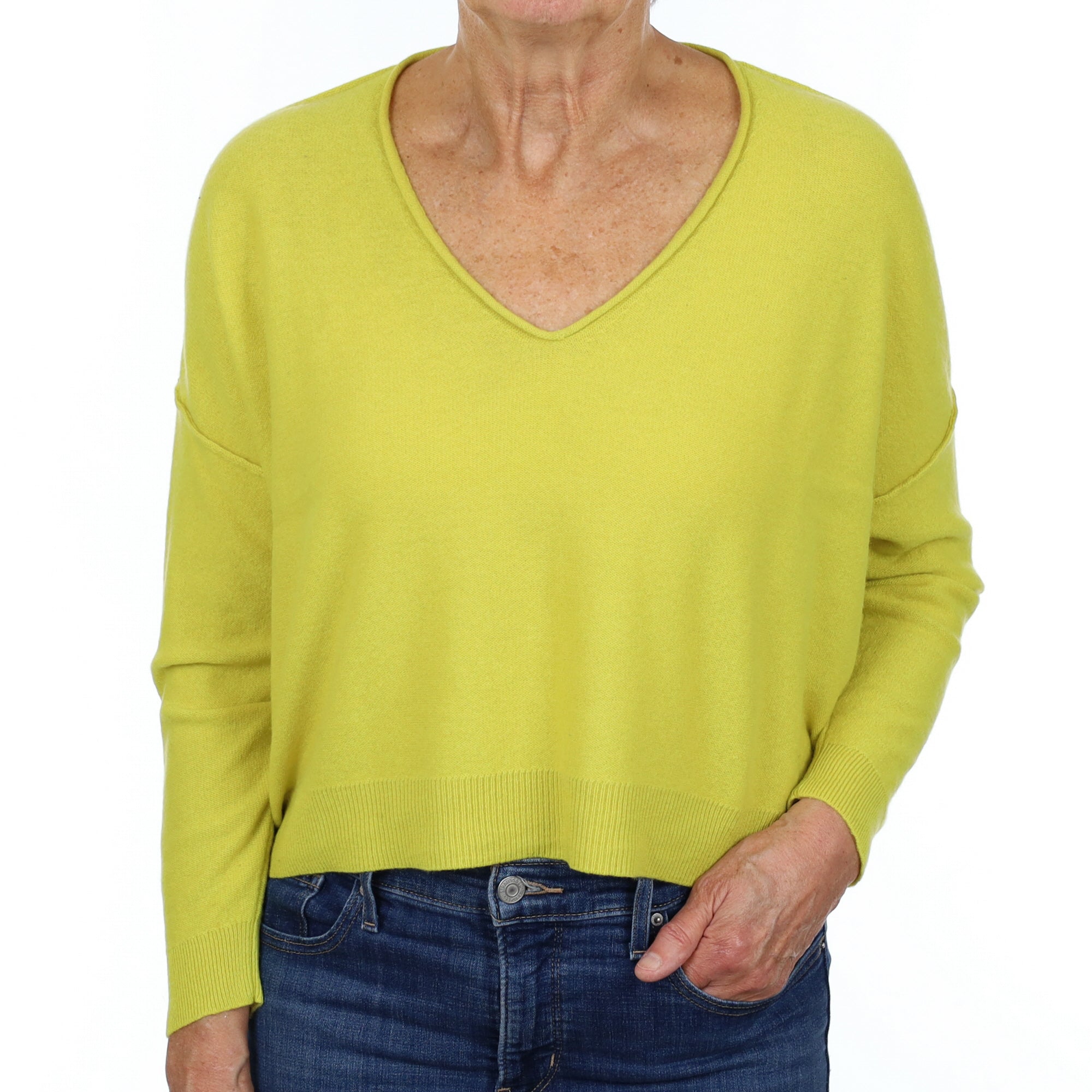 Lichen Yellow Cashmere Slouchy V Neck Jumper Medium