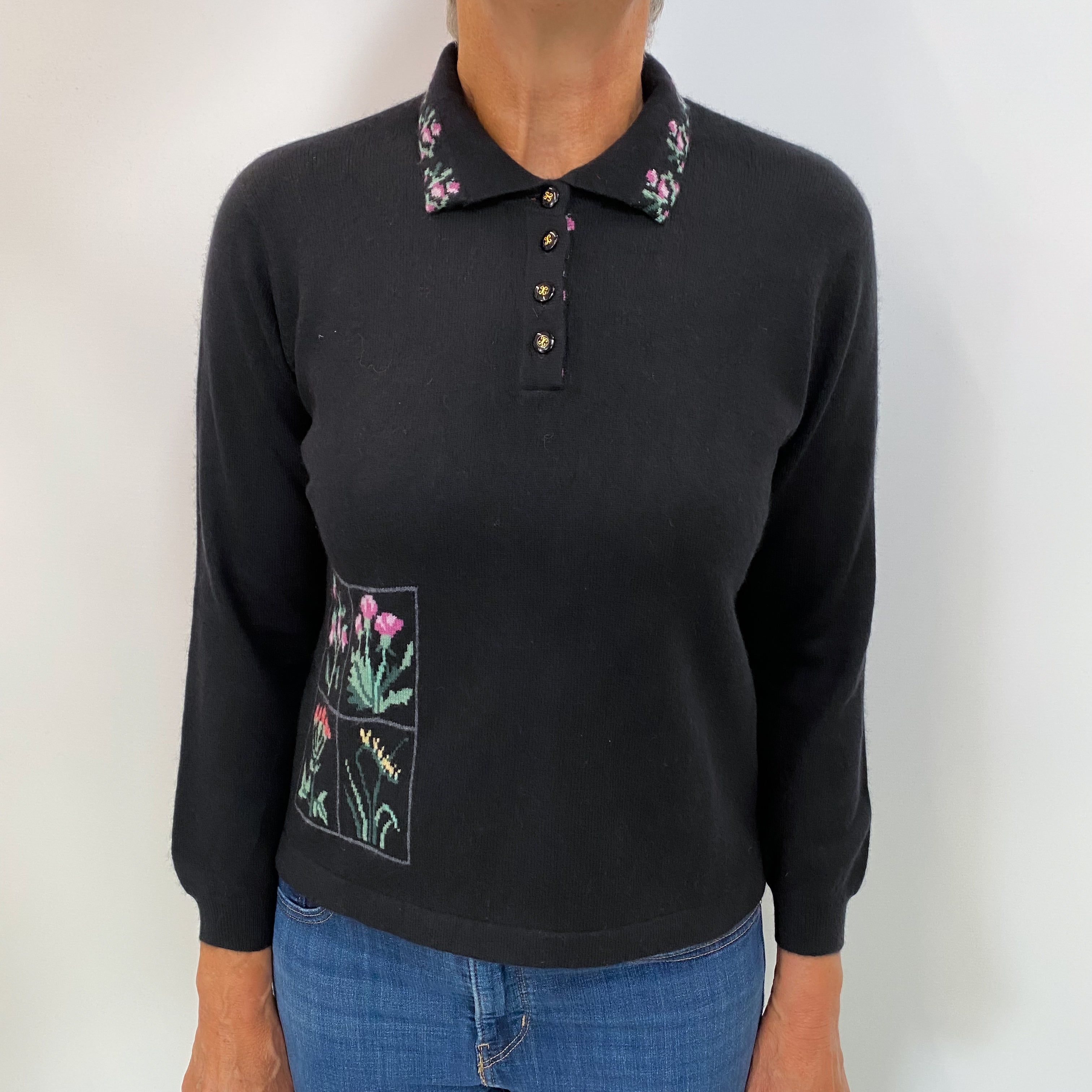 Black Floral Cashmere 1/4 Button Collar Neck Jumper Medium