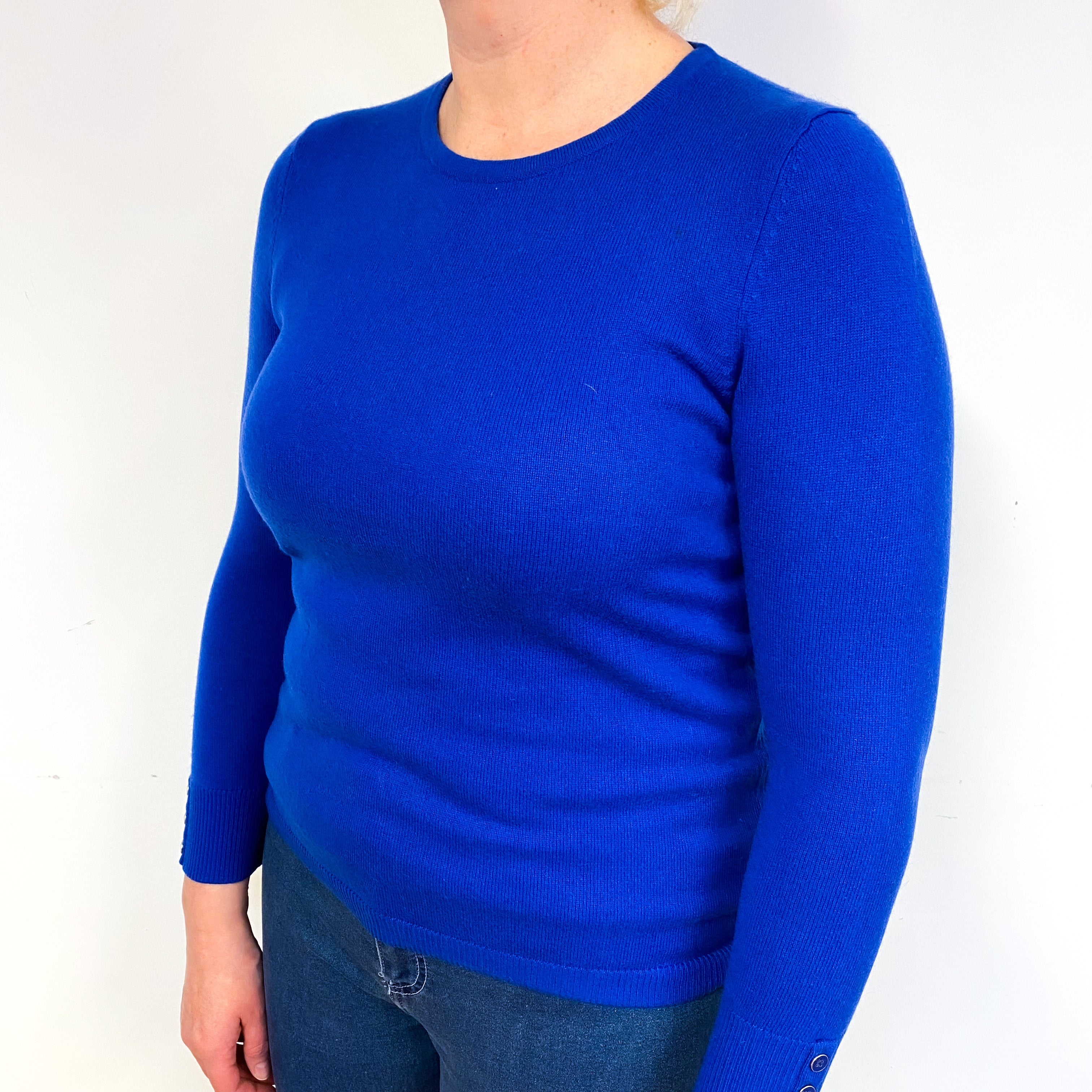 Cobalt Blue Button Cuff Cashmere Crew Neck Jumper Large/Petite