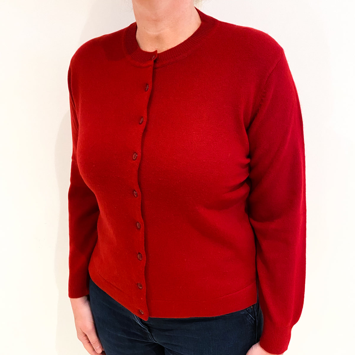 Post Box Red Cashmere Crew Neck Cardigan Large