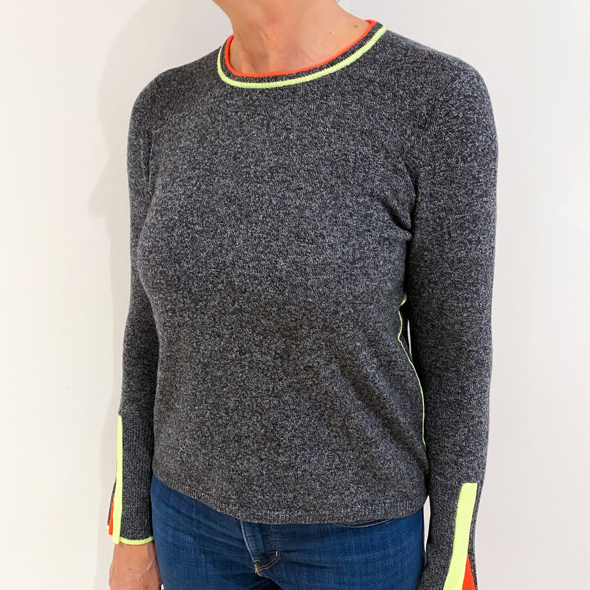 Slate Grey Neon Trim Cashmere Crew Neck Jumper Medium