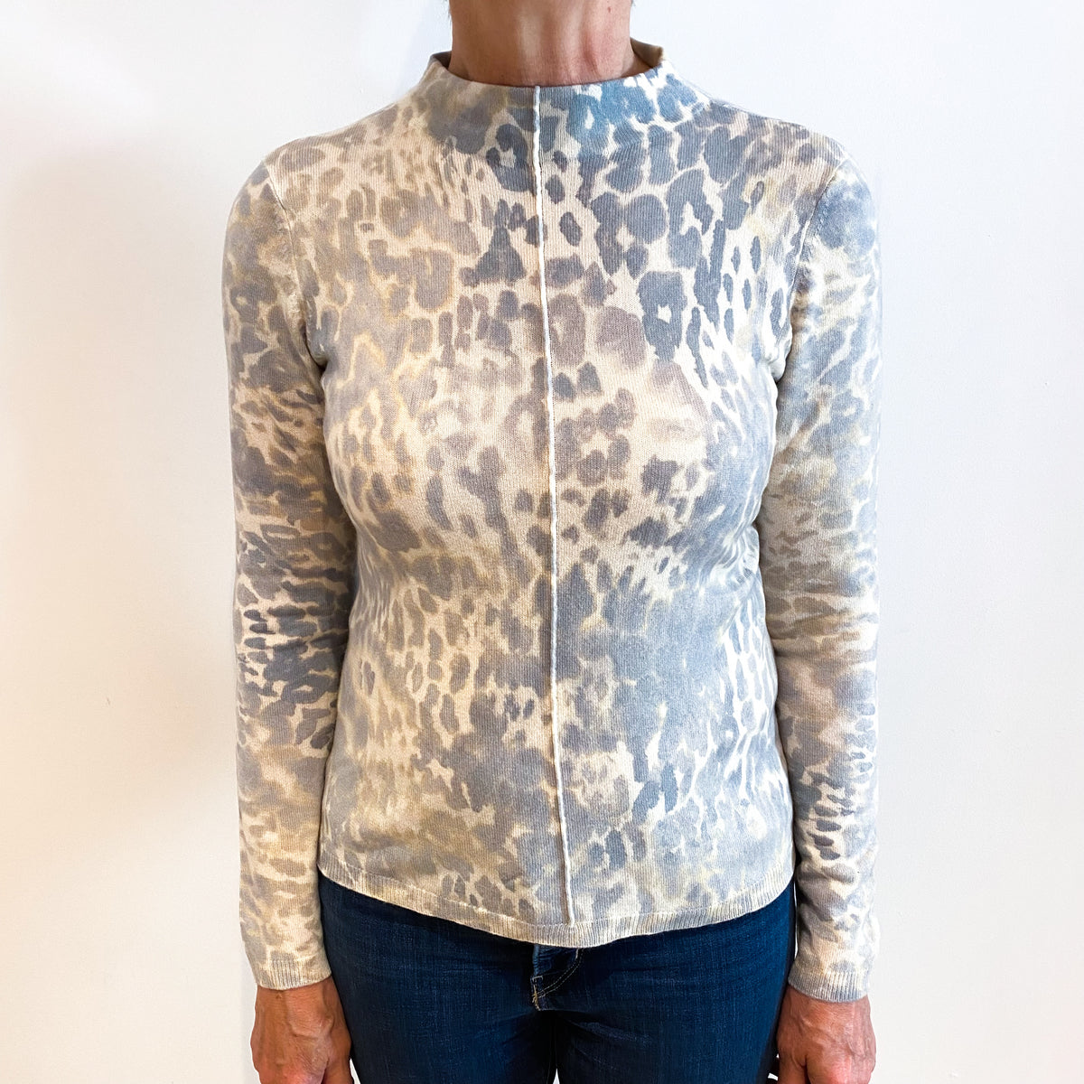 Duck Egg Blue and Cream Cashmere Turtle Neck Jumper Medium