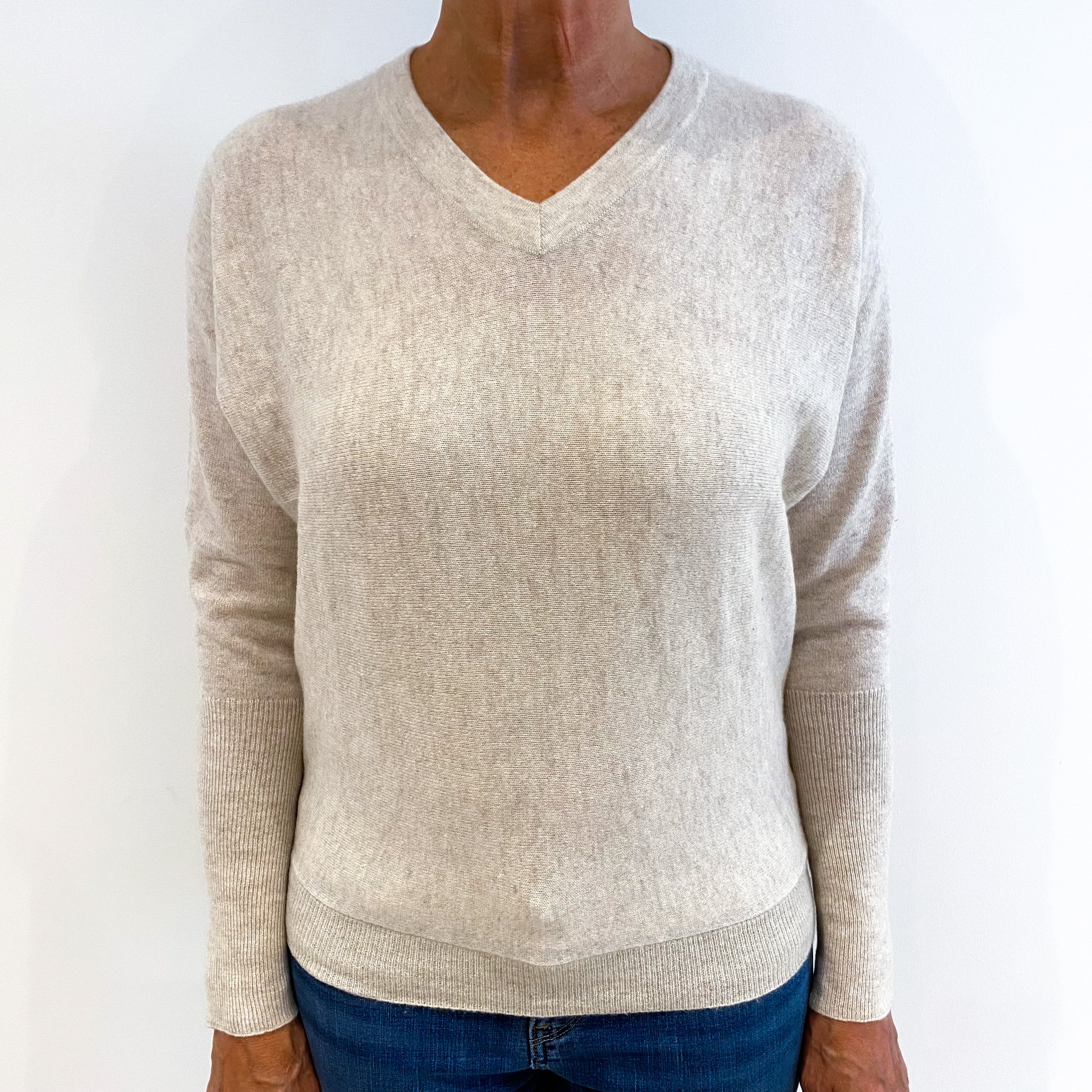 Oatmeal Slouchy Batwing Cashmere V-Neck Jumper Medium