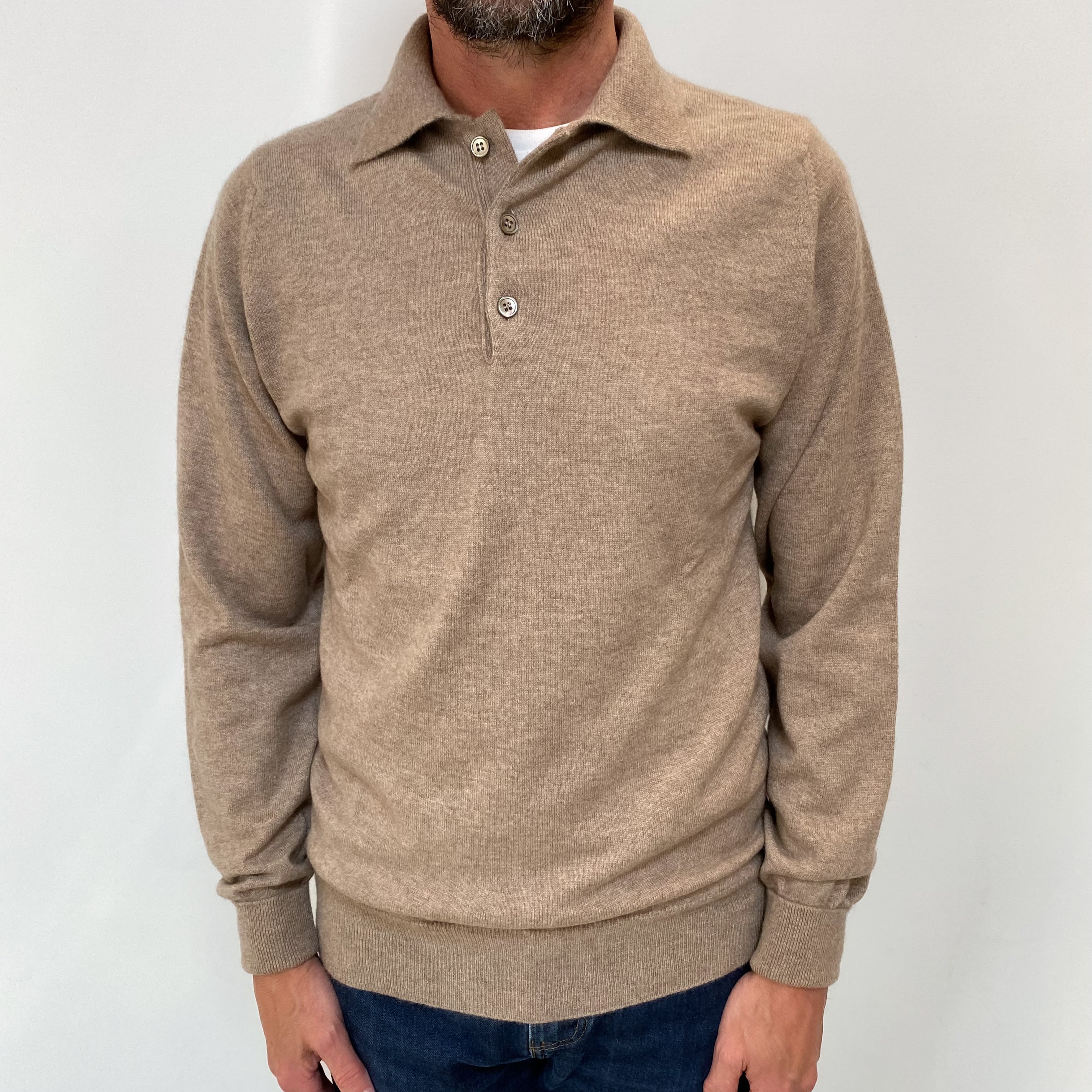 Men's Taupe Cashmere Quarter Button Jumper Small