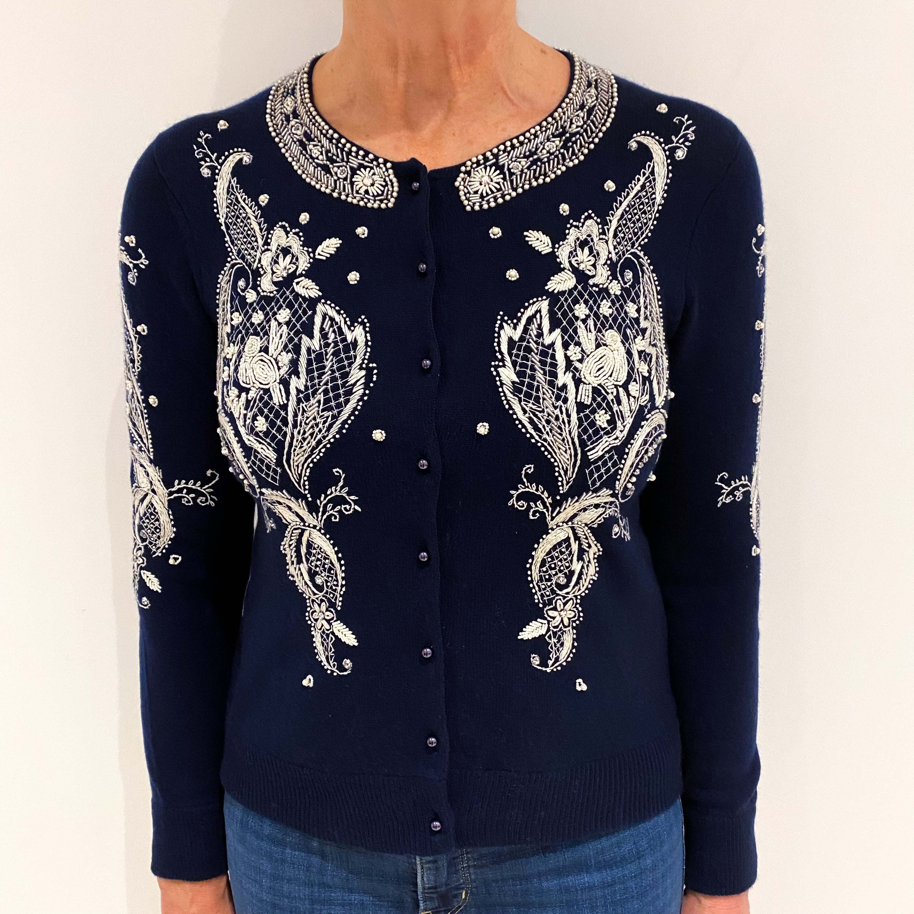 Navy Cashmere Crew Neck Cardigan Medium