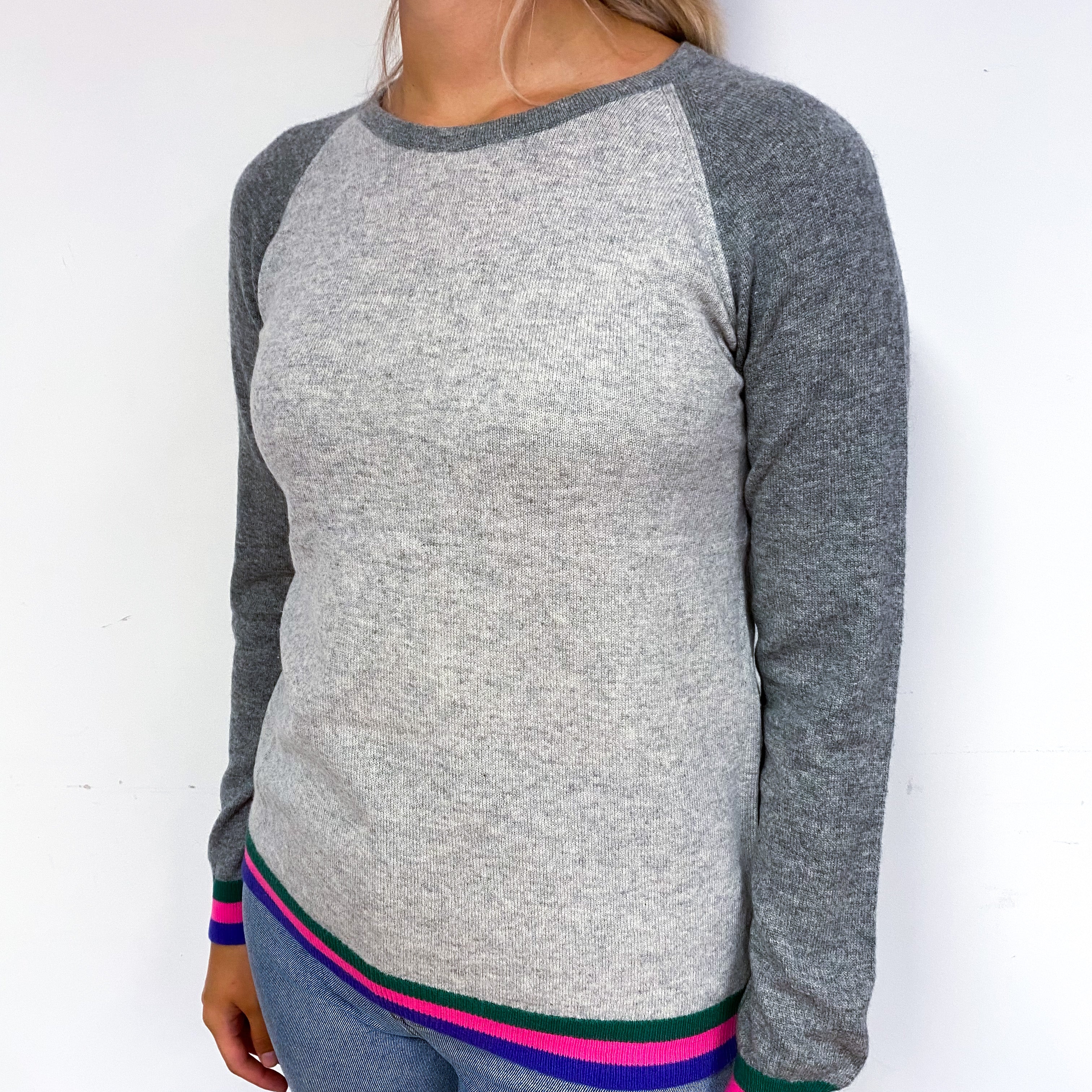 Grey Colourful Trim Cashmere Crew Neck Jumper Small