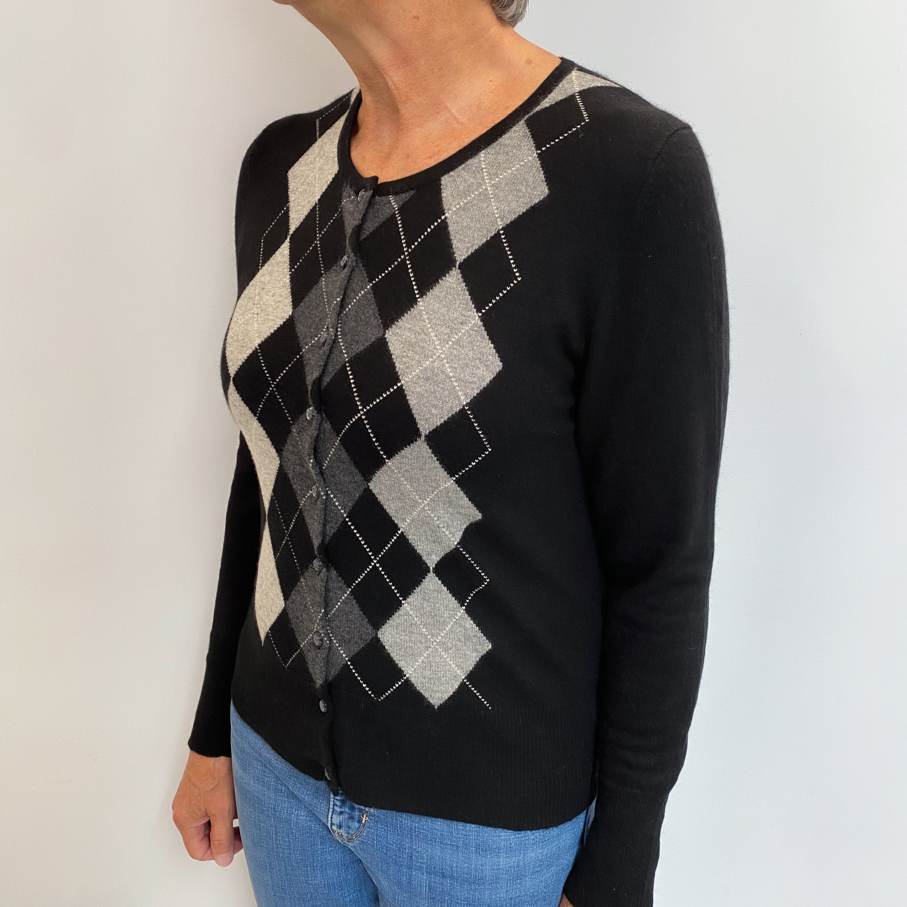 Black Argyle Cashmere Crew Neck Cardigan Medium