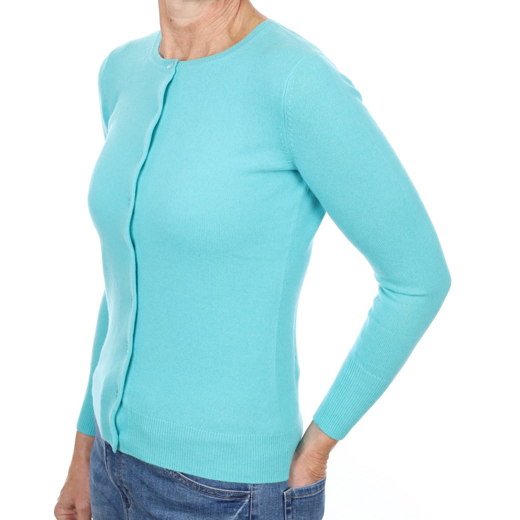 New Aquamarine Cashmere Crew Neck Cardigan Small