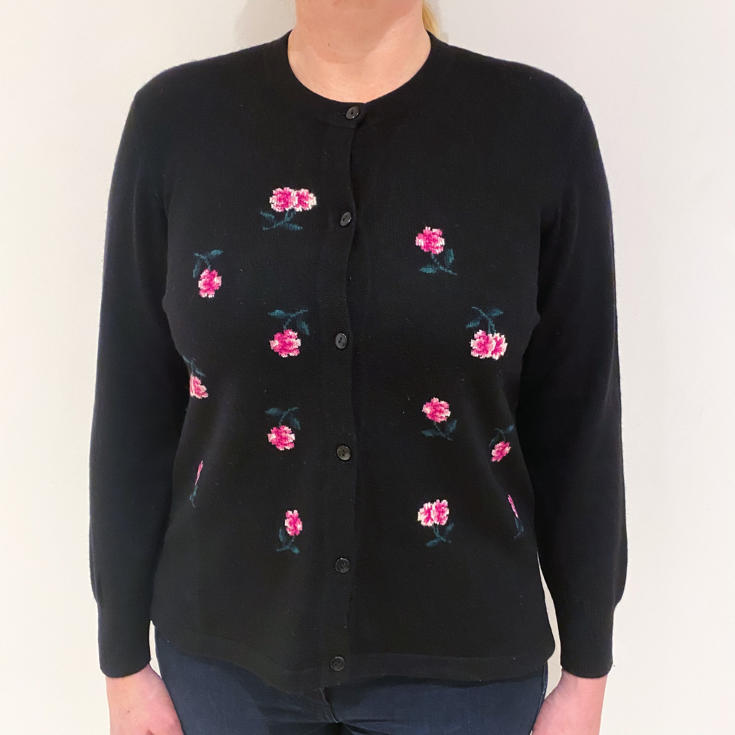 Black with Floral Pink Pattern Cashmere Crew Neck Cardigan Large