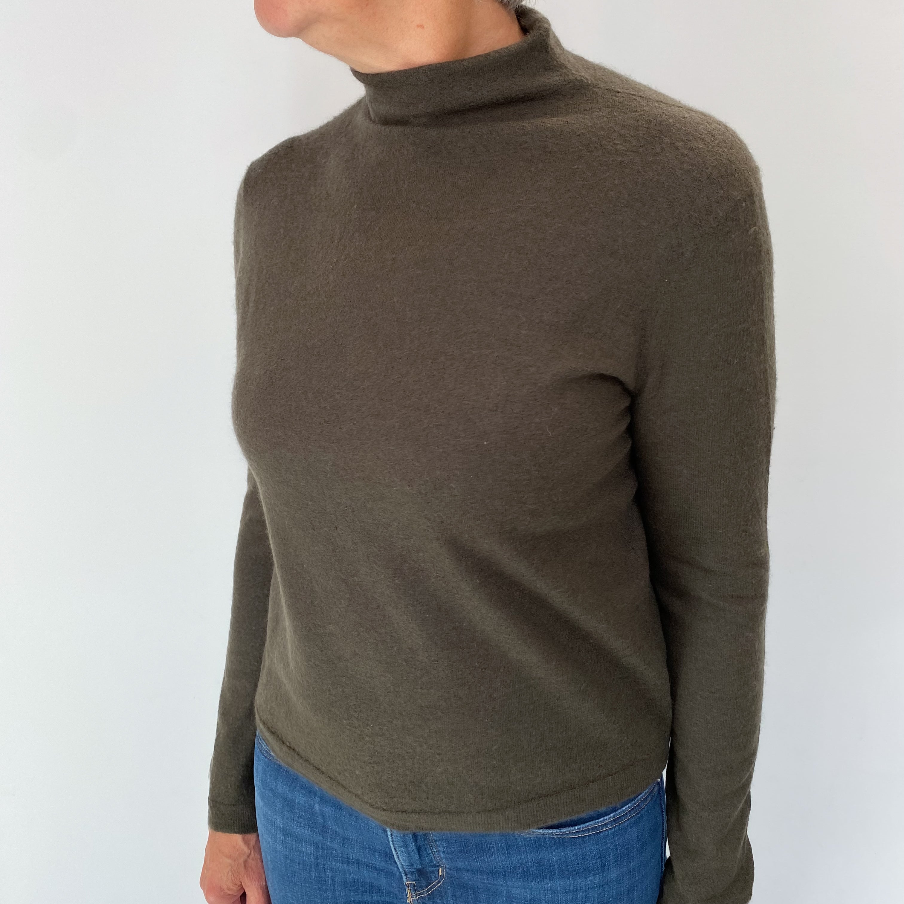 Deep Khaki Green Cashmere Turtle Neck Jumper Medium