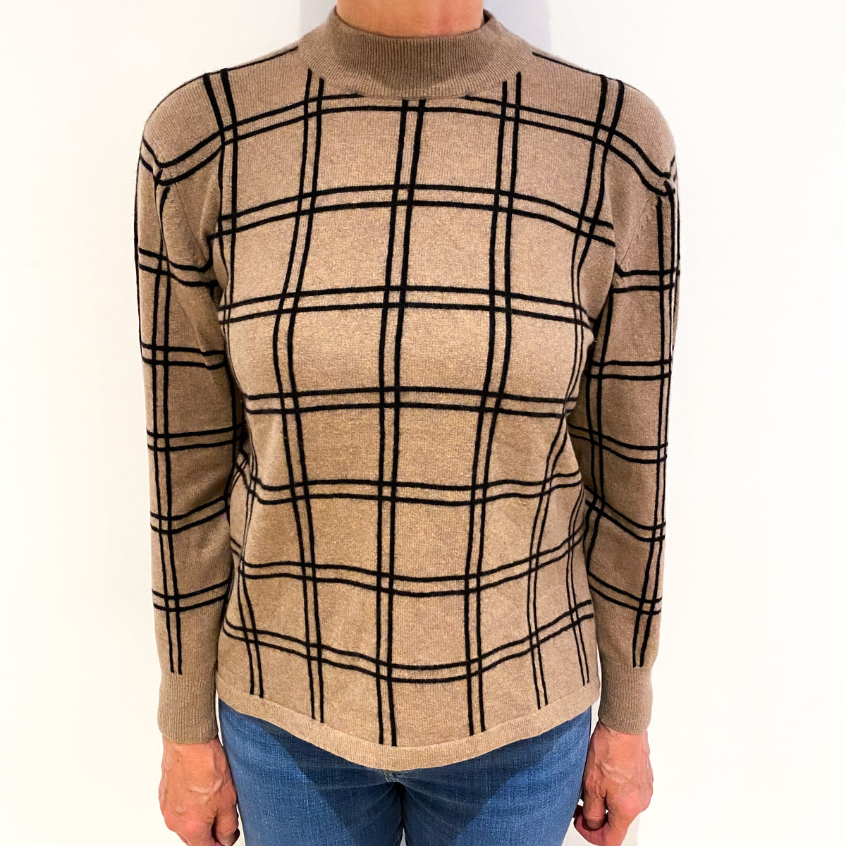 Fudge Brown Checked Cashmere Turtle Neck Jumper Medium
