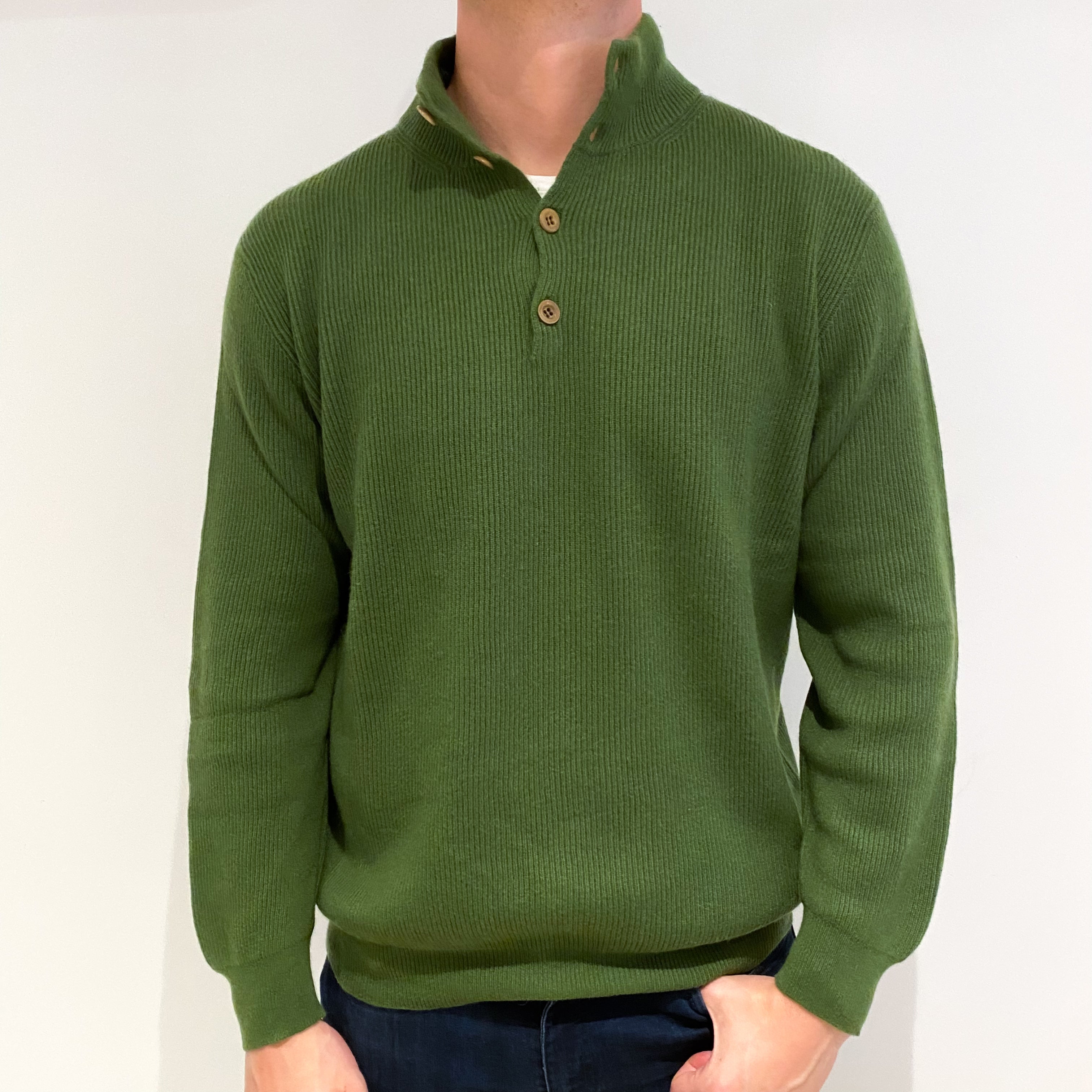 Men's Fern Green Cashmere Quarter Button Jumper Extra Large