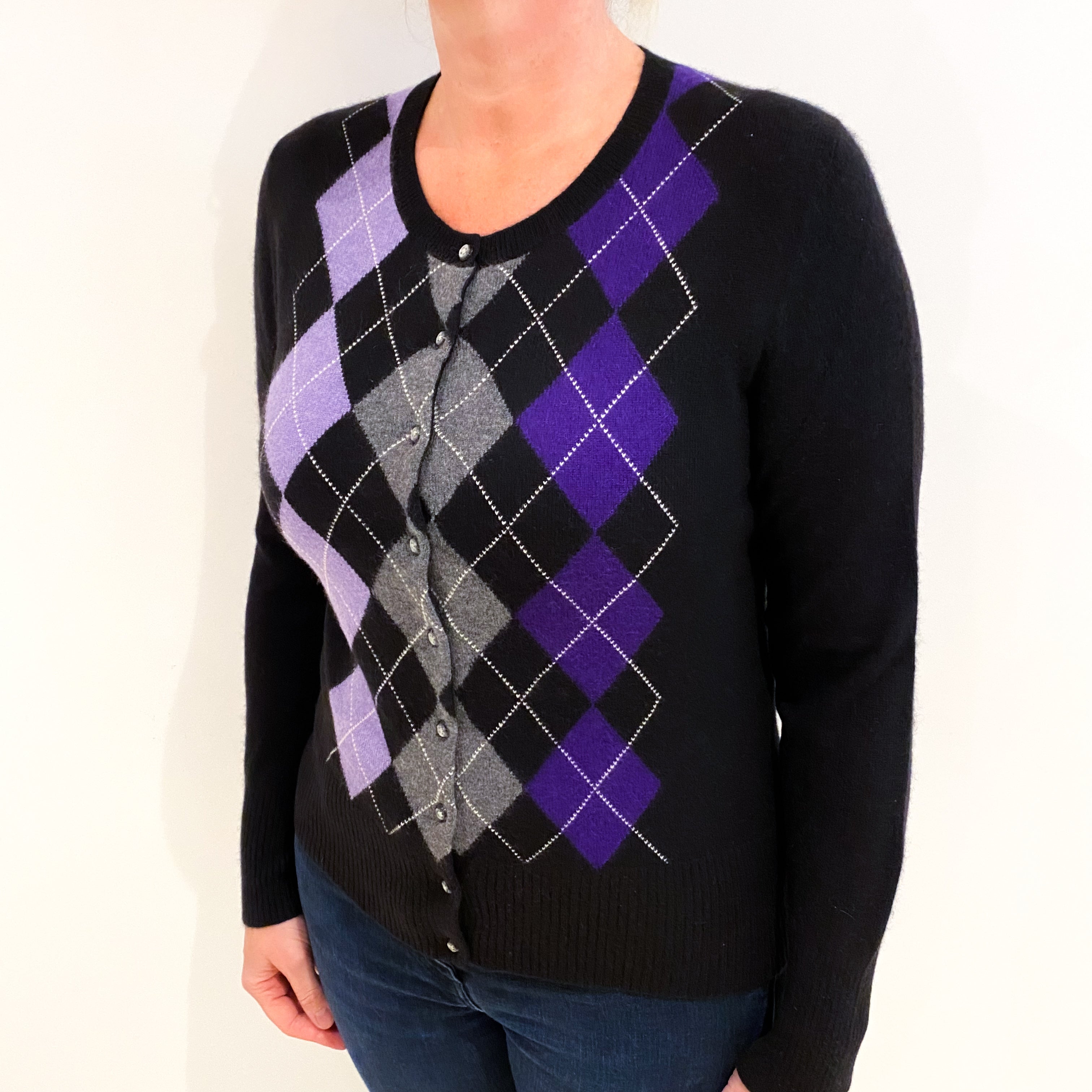 Black And Purple Diamond Cashmere Crew Neck Cardigan Large