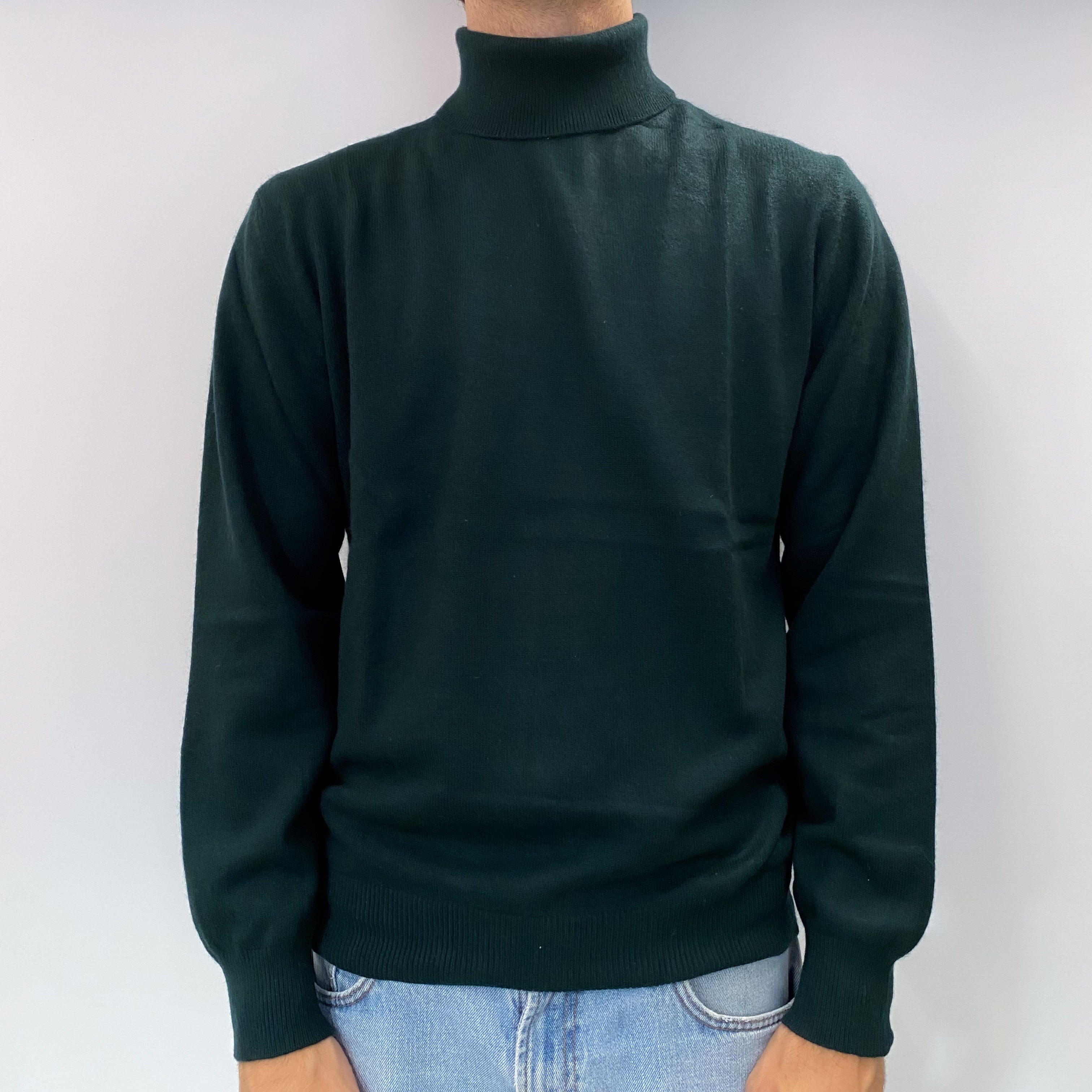 Men's Bottle Green Cashmere Polo Neck Jumper Large