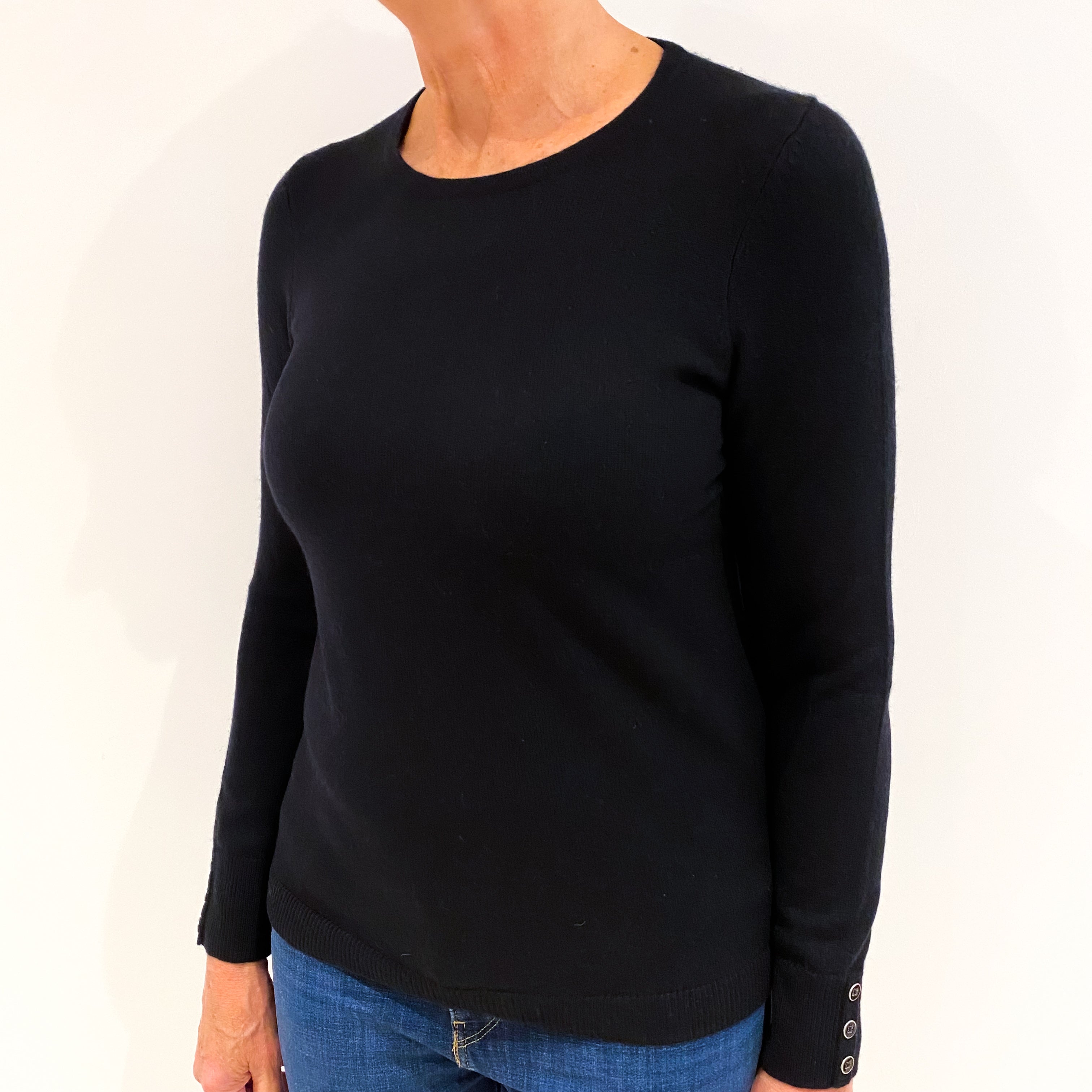 Black Button Cuff Cashmere Crew Neck Jumper Medium