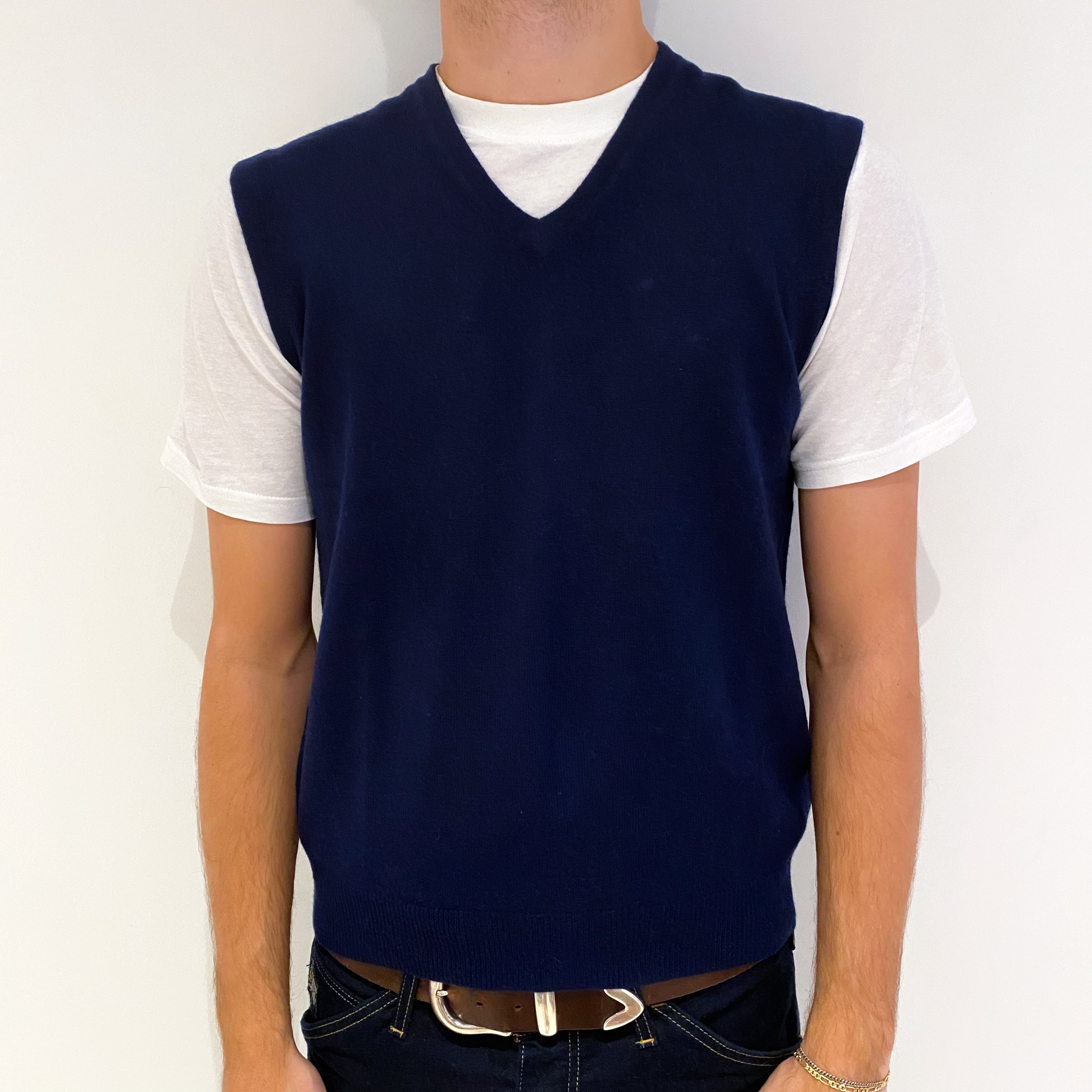Men's Navy Blue Cashmere V-Neck Tank Top Medium