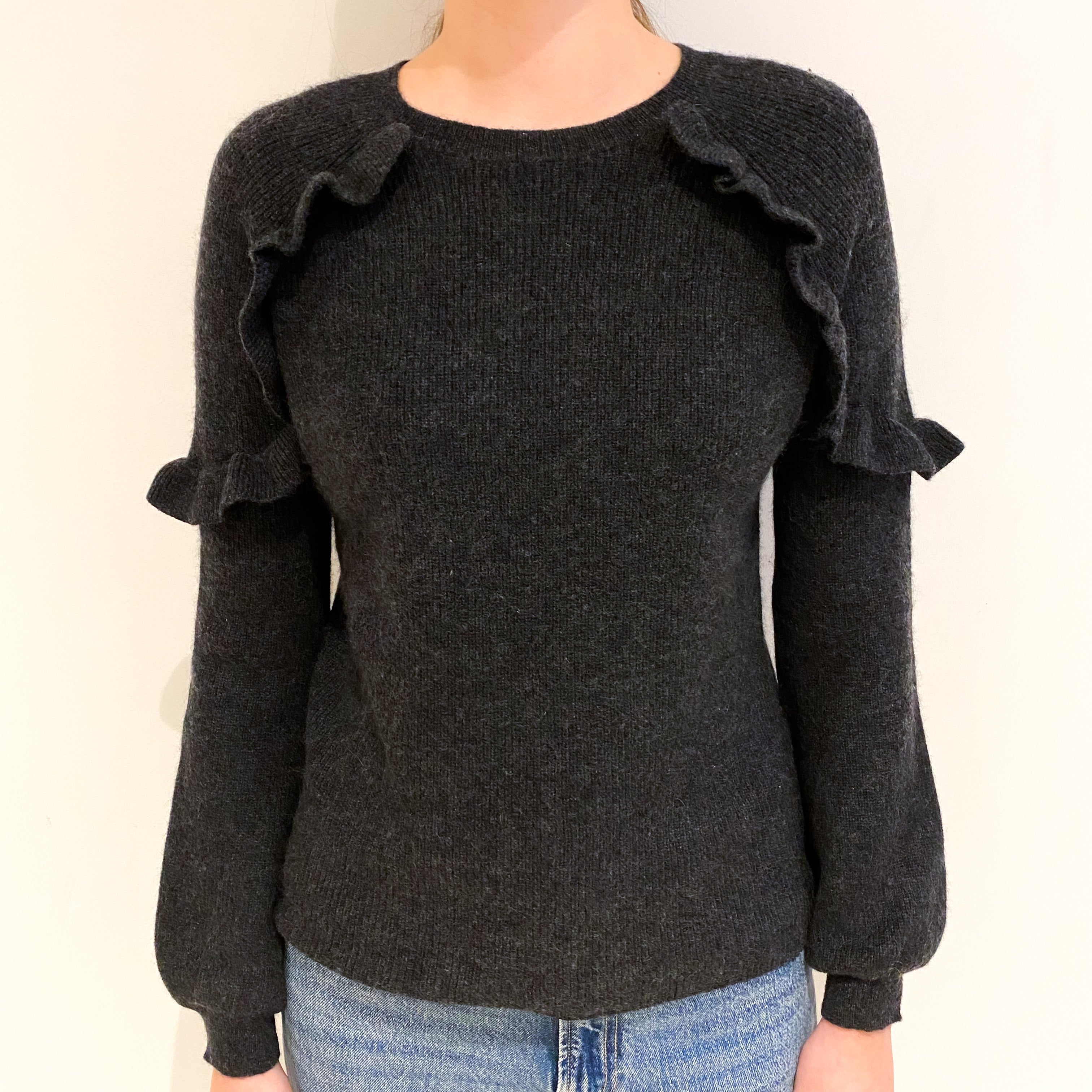 Charcoal Frill Cashmere Crew Neck Jumper Extra Small