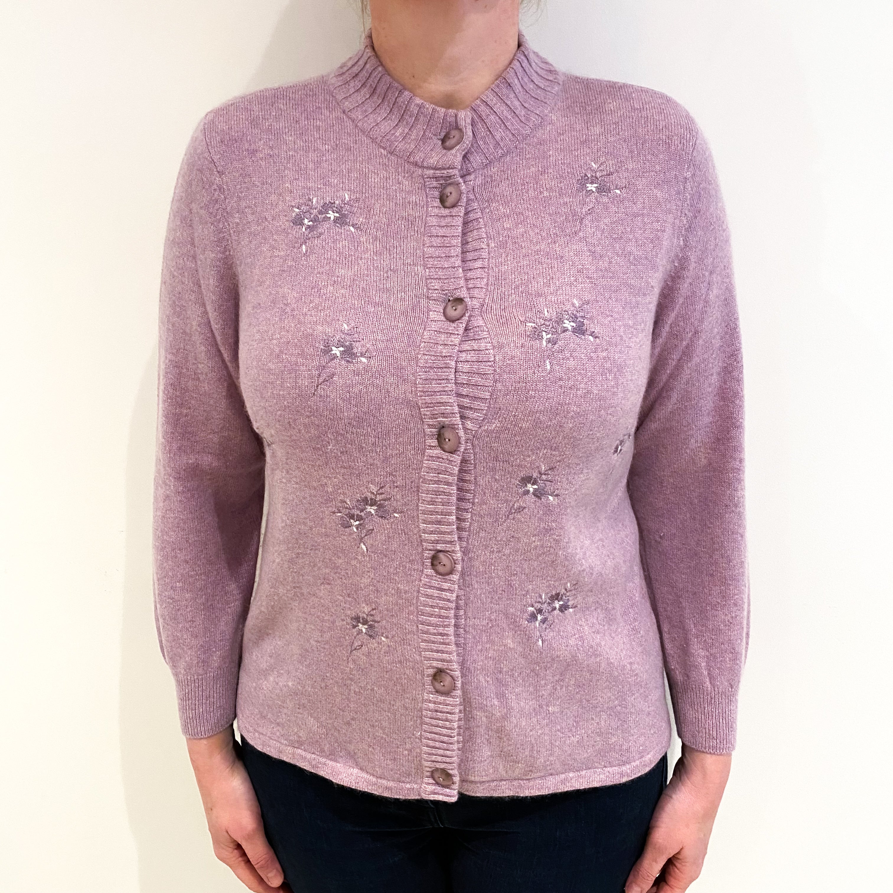 Lavender Embroidered Flowers Cashmere Funnel Neck Cardigan Large