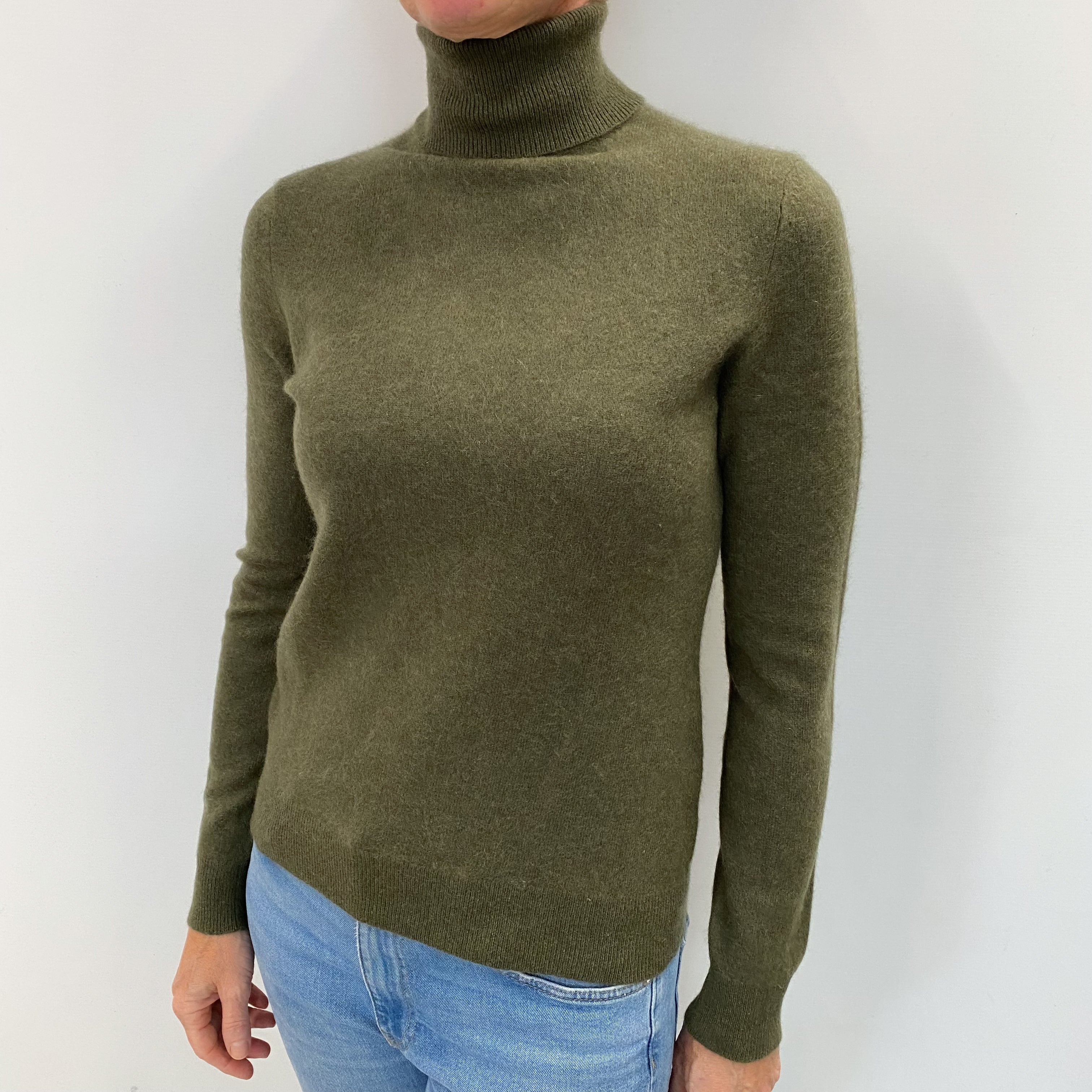 Olive Green Cashmere Polo Neck Jumper Small