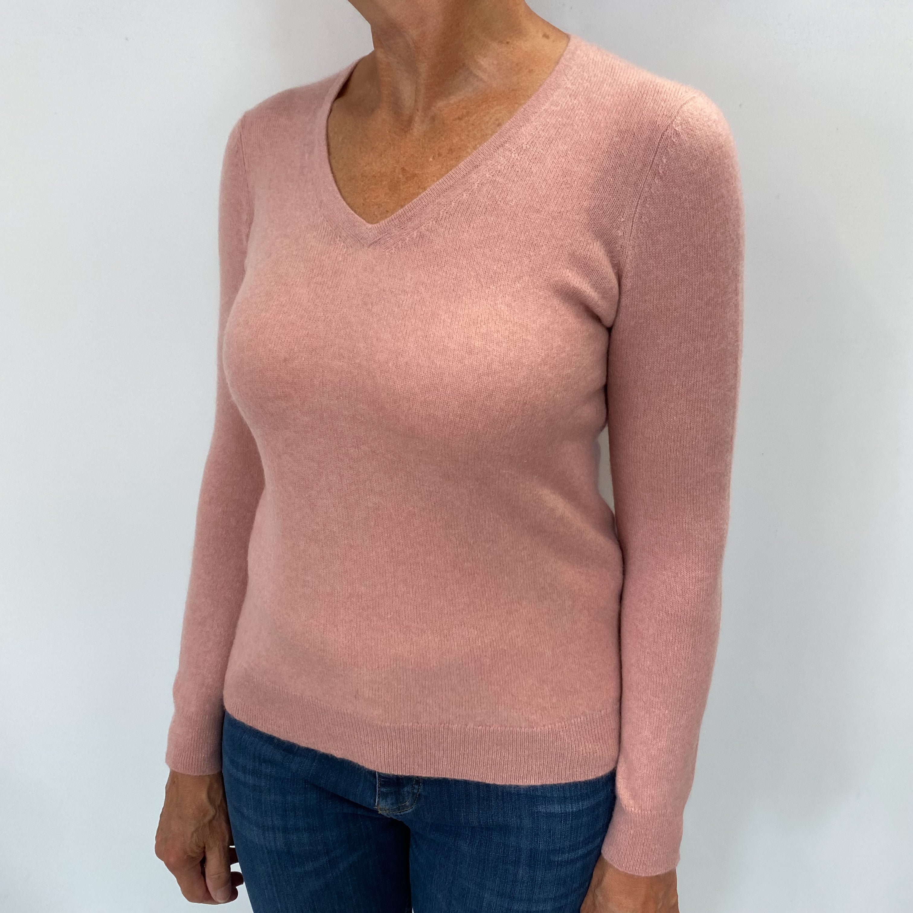 Dusky Pink Cashmere V Neck Jumper Medium