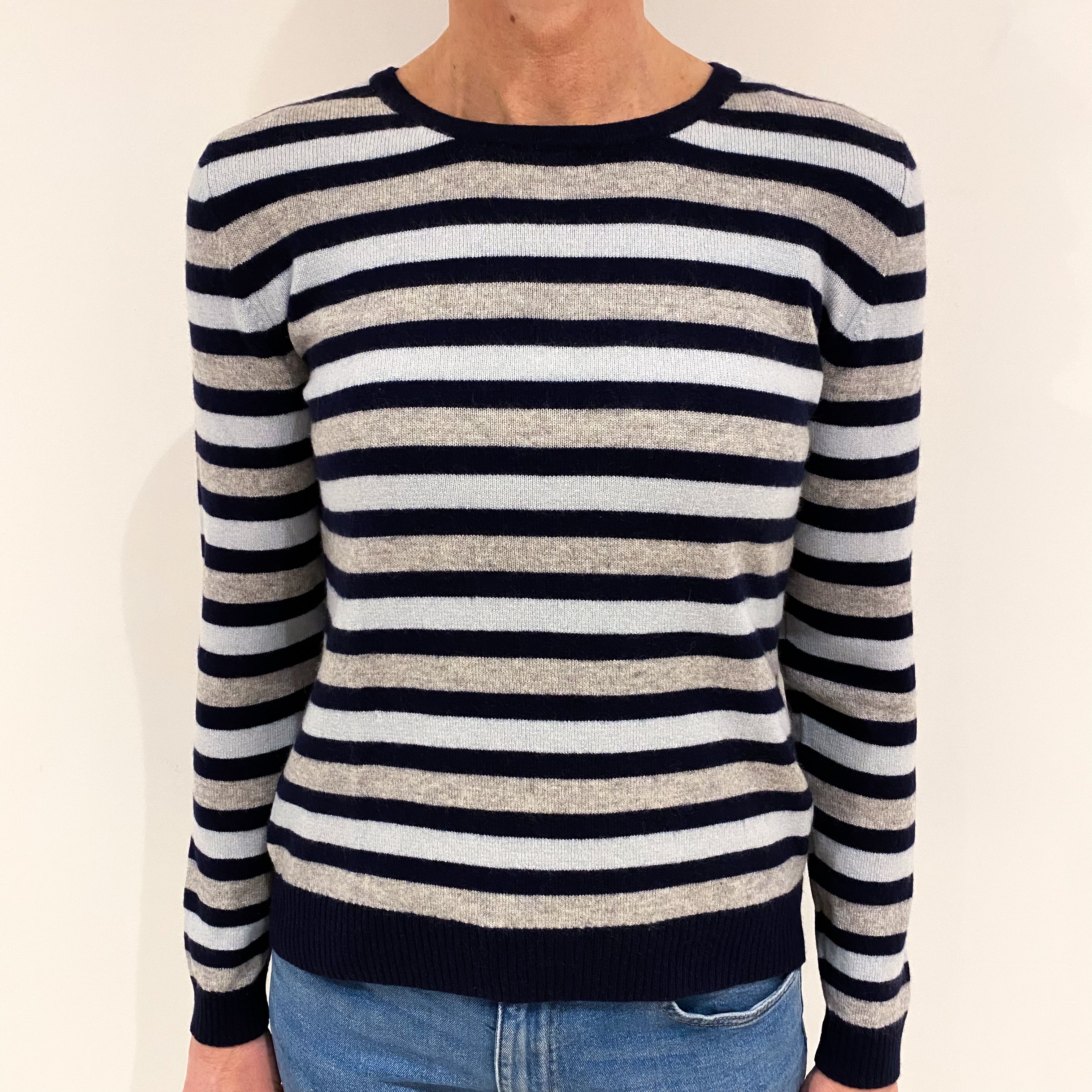 Grey Pale Blue and Navy Striped Cashmere Crew Neck Jumper Small