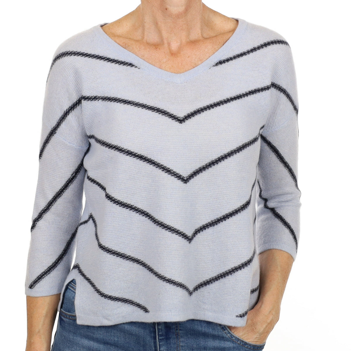 Pale Blue Chevron Patterned Cashmere V Neck Jumper Small