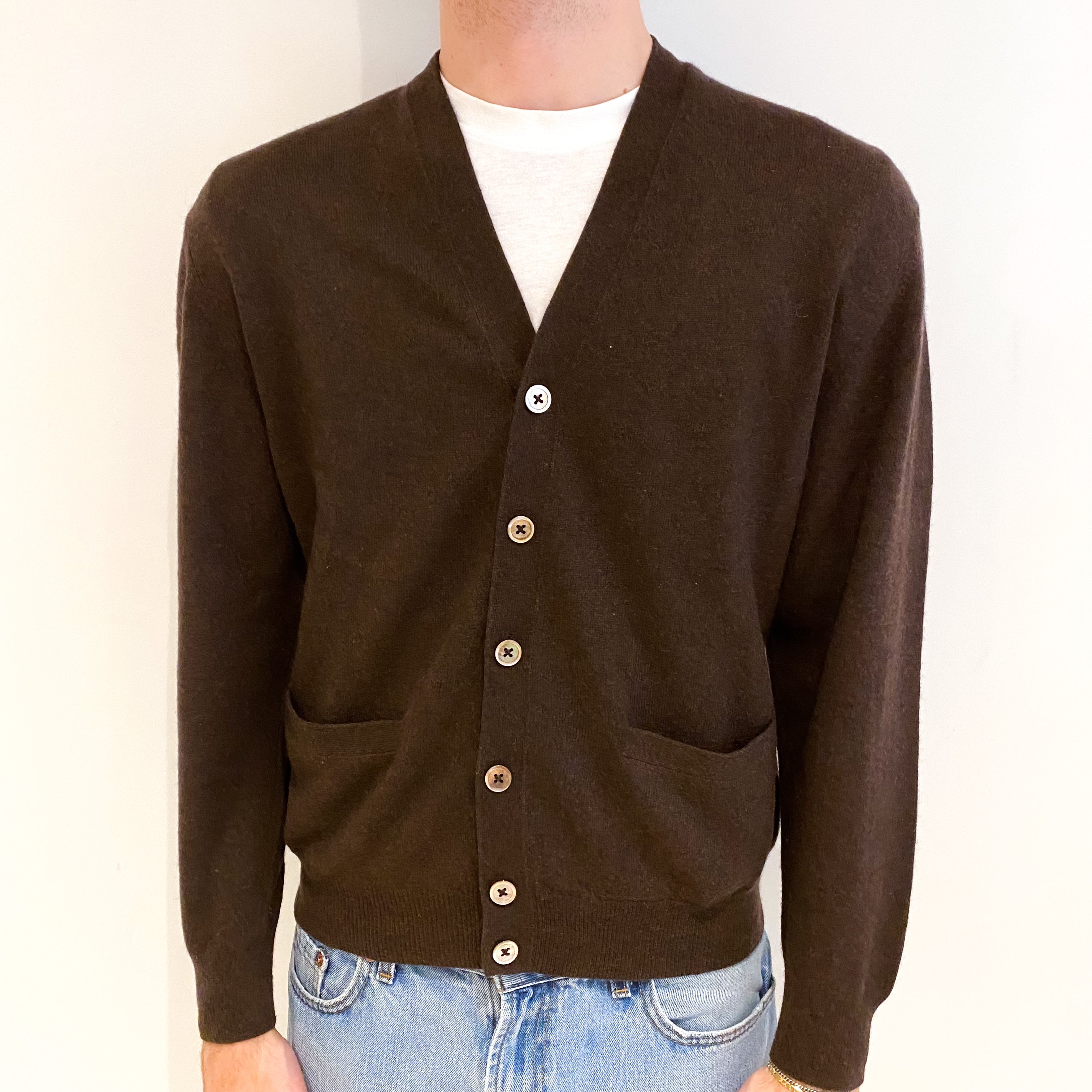 Men's Chocolate Brown Cashmere V Neck Cardigan Medium