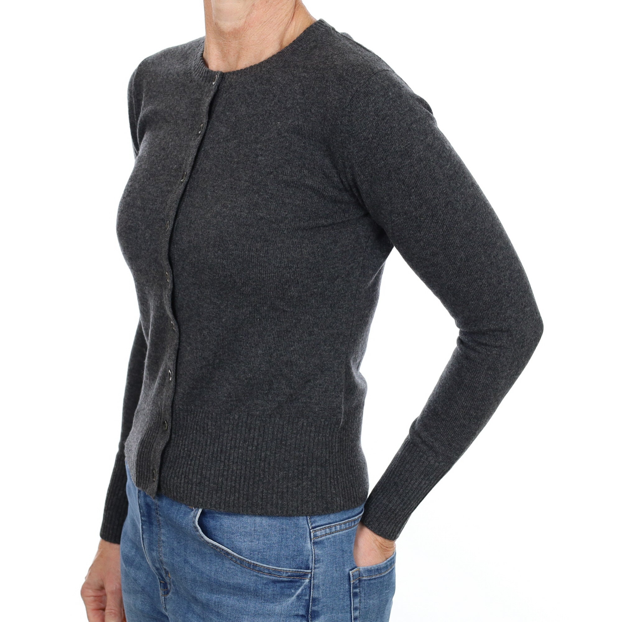 New Charcoal Grey Cashmere Crew Neck Cardigan Small