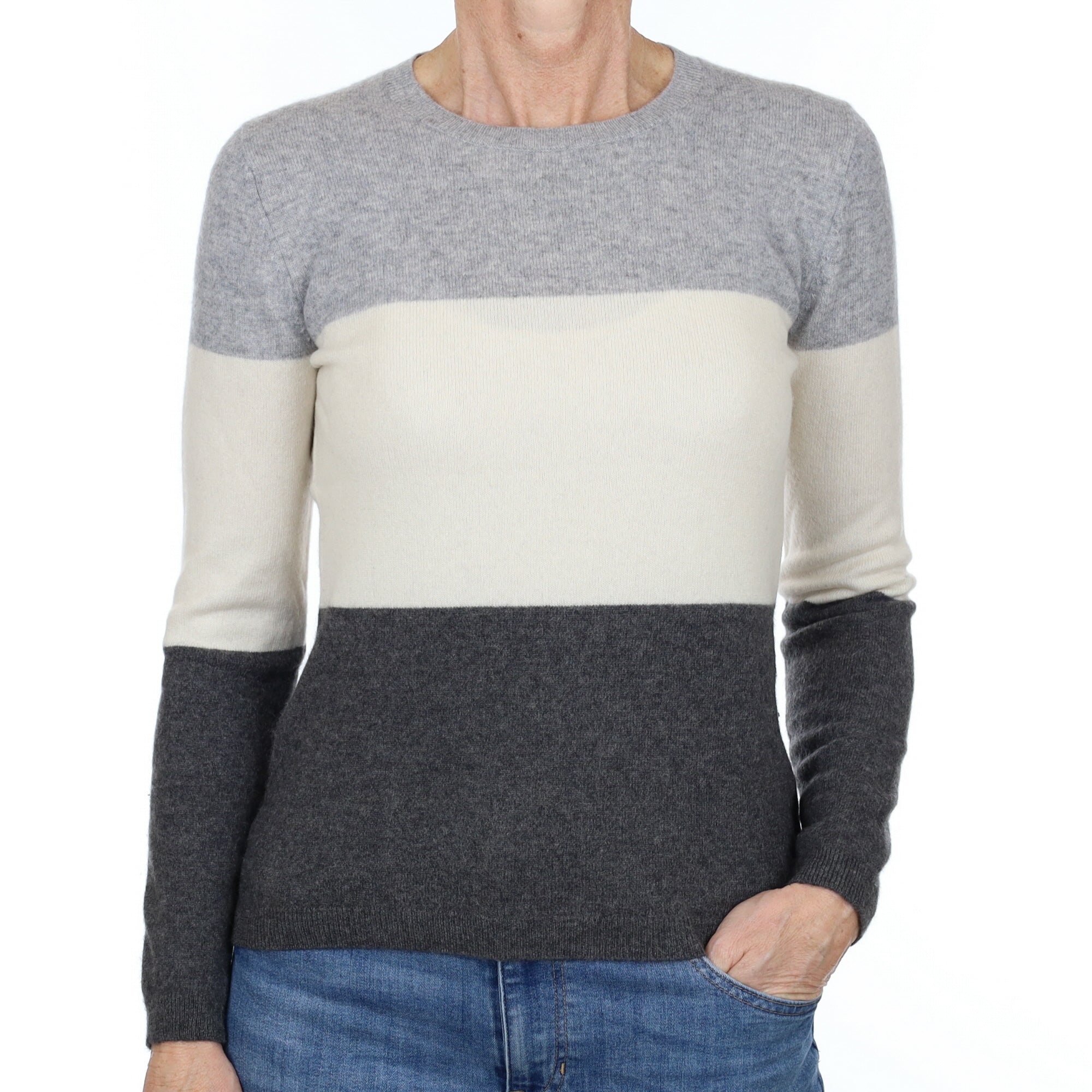 Grey and Cream Stripe Cashmere Crew Neck Jumper Small