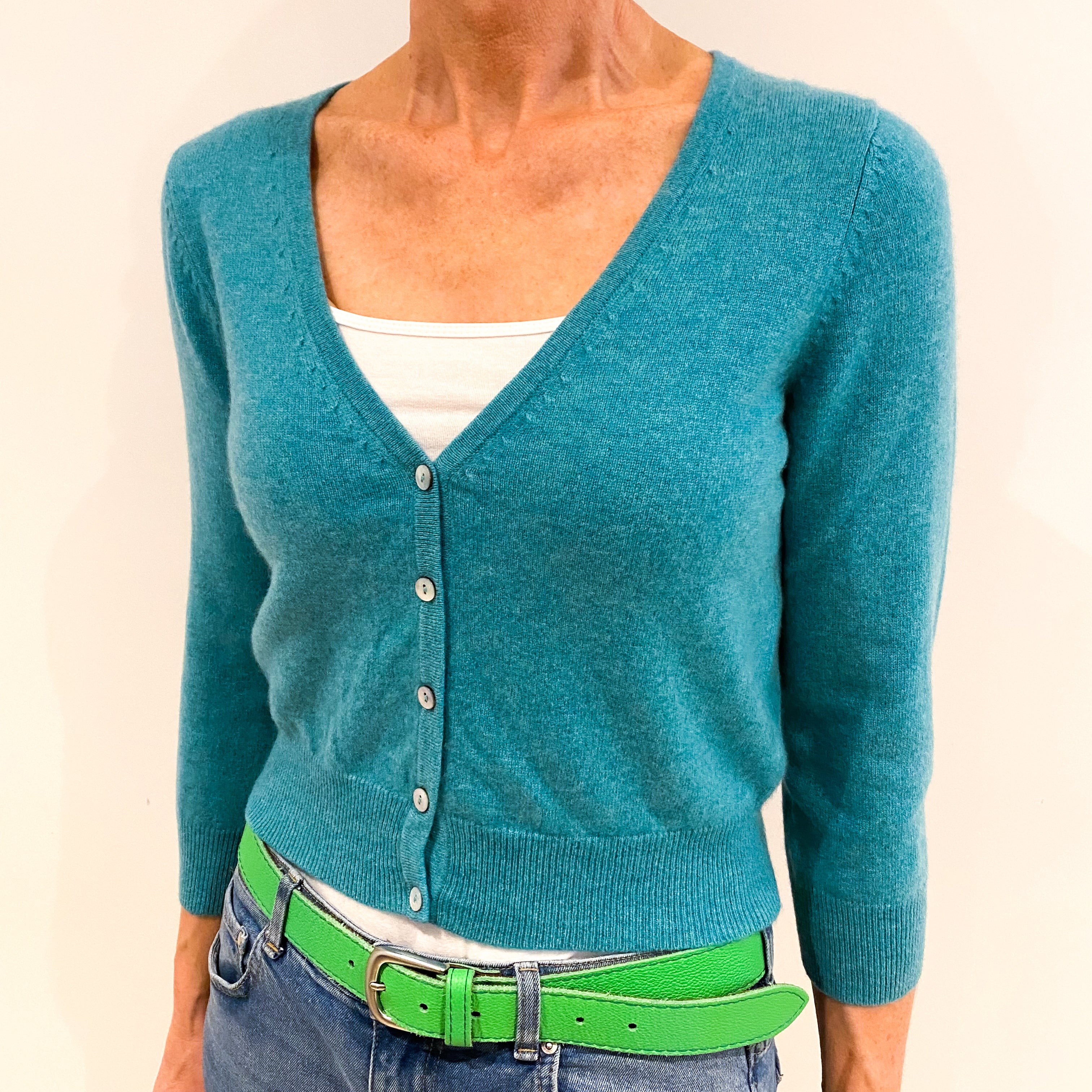 Sea Green Cashmere Cropped V Neck Cardigan Small
